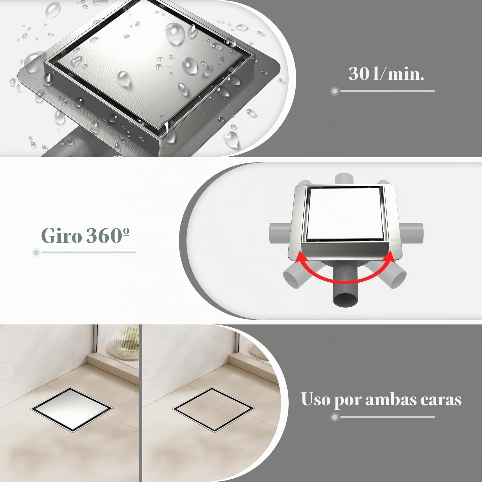 EFUTURETIME 20 X 20 cm Canaleta de Ducha Cuadrada Inoxidable, Desagüe de Suelo con Tubo de Conexión DN40/DN50, Sifón de 360° Antioσμosis y Filtro, Drenaje Rápido para Duchas Walk-in