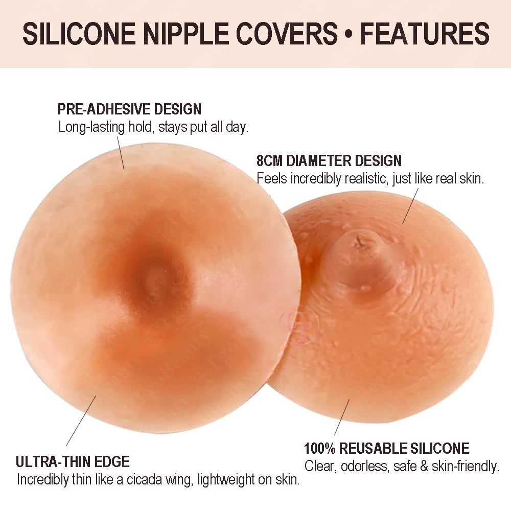 1 Paio di capezzoli Adesivi realistici riutilizzabili in Silicone, Diametro 8 cm, con Cuscinetti Adesivi applicabili alle Protesi mammarie