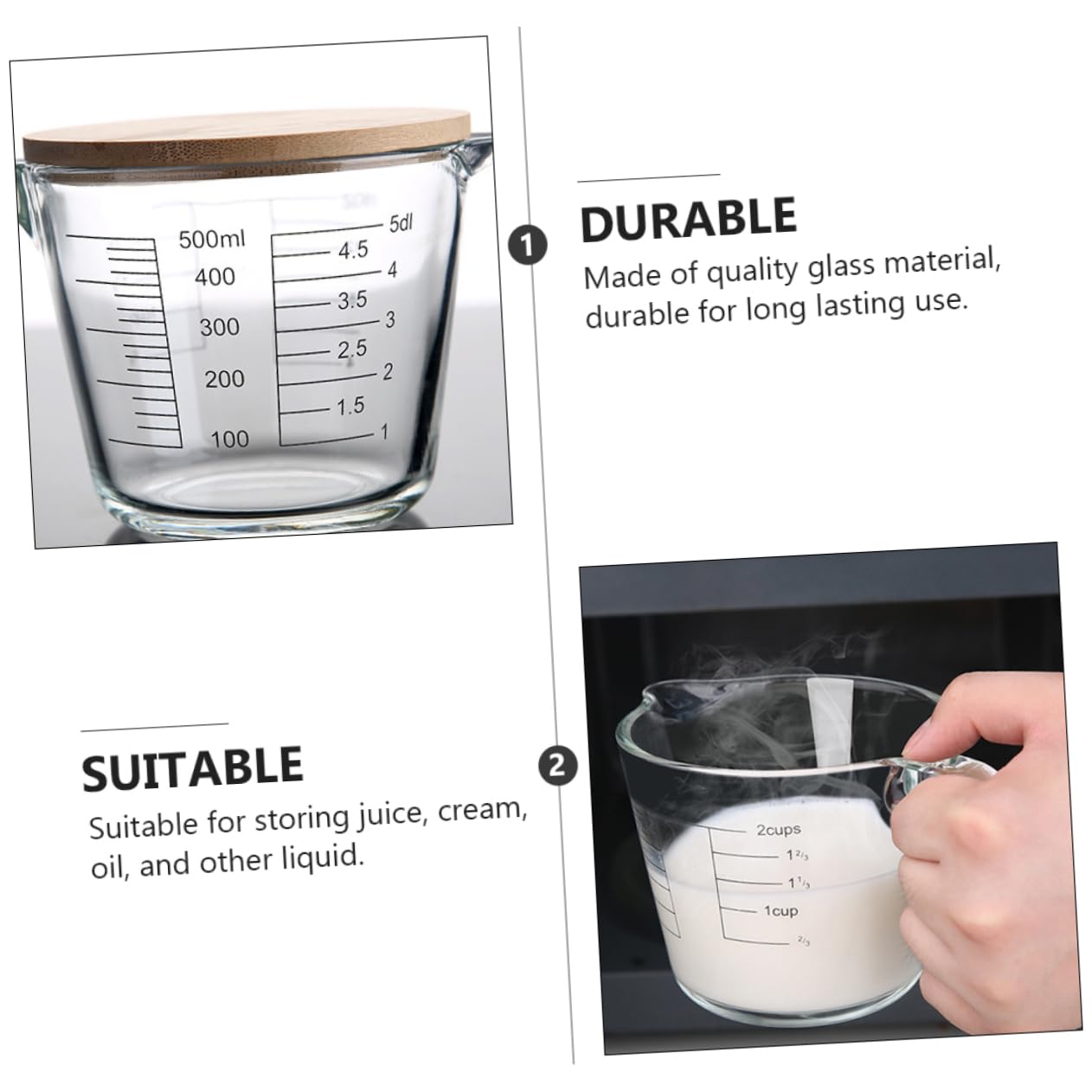 Hemobllo Pichet Doseur Pratique en Verre Résistant la Chaleur avec Échelle Graduée et Couvercle en Bois, Tasse à Mesurer pour Jus et Crème Cuisine