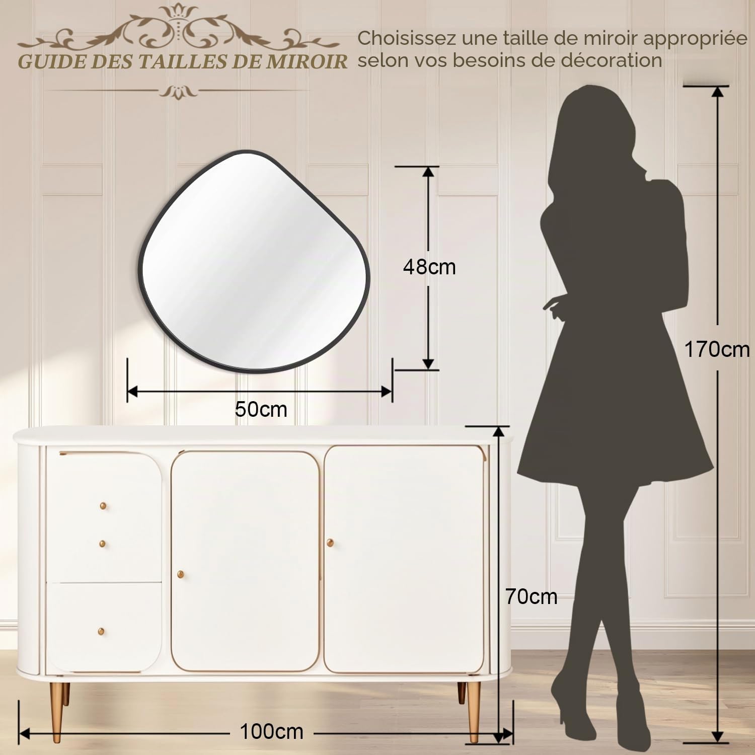 Miroir mural irrégulier, miroirs muraux décoratifs 48 x 50 cm, miroir asymétrique noir avec cadre en alliage d'aluminium aéronautique pour salle de bain, salon, chambre à coucher, entrée