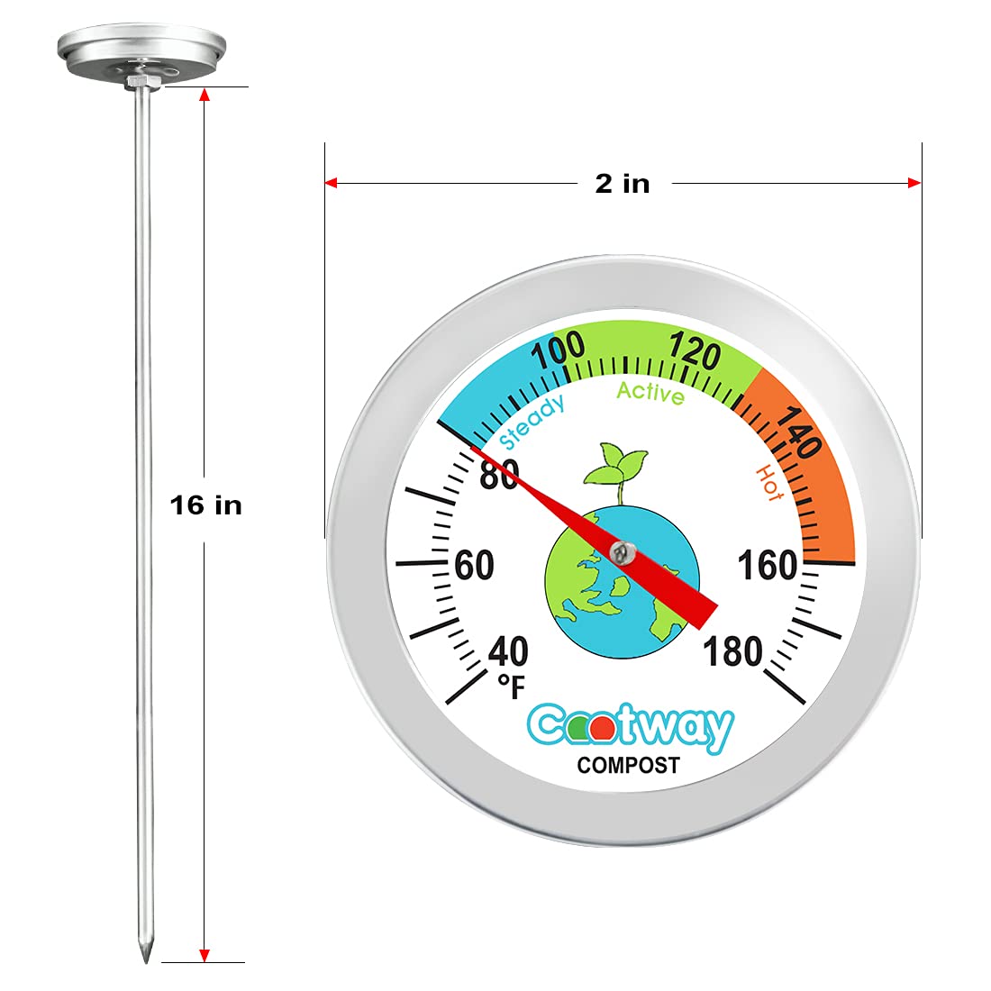 Rukars Compost Thermometer, 16 Inch Stem Backyard Compost Thermometer, Waterproof Soil Temperature Thermometer for Compost, Stainless Steel, with Composting Temperature Guide, 40-180 Degrees F