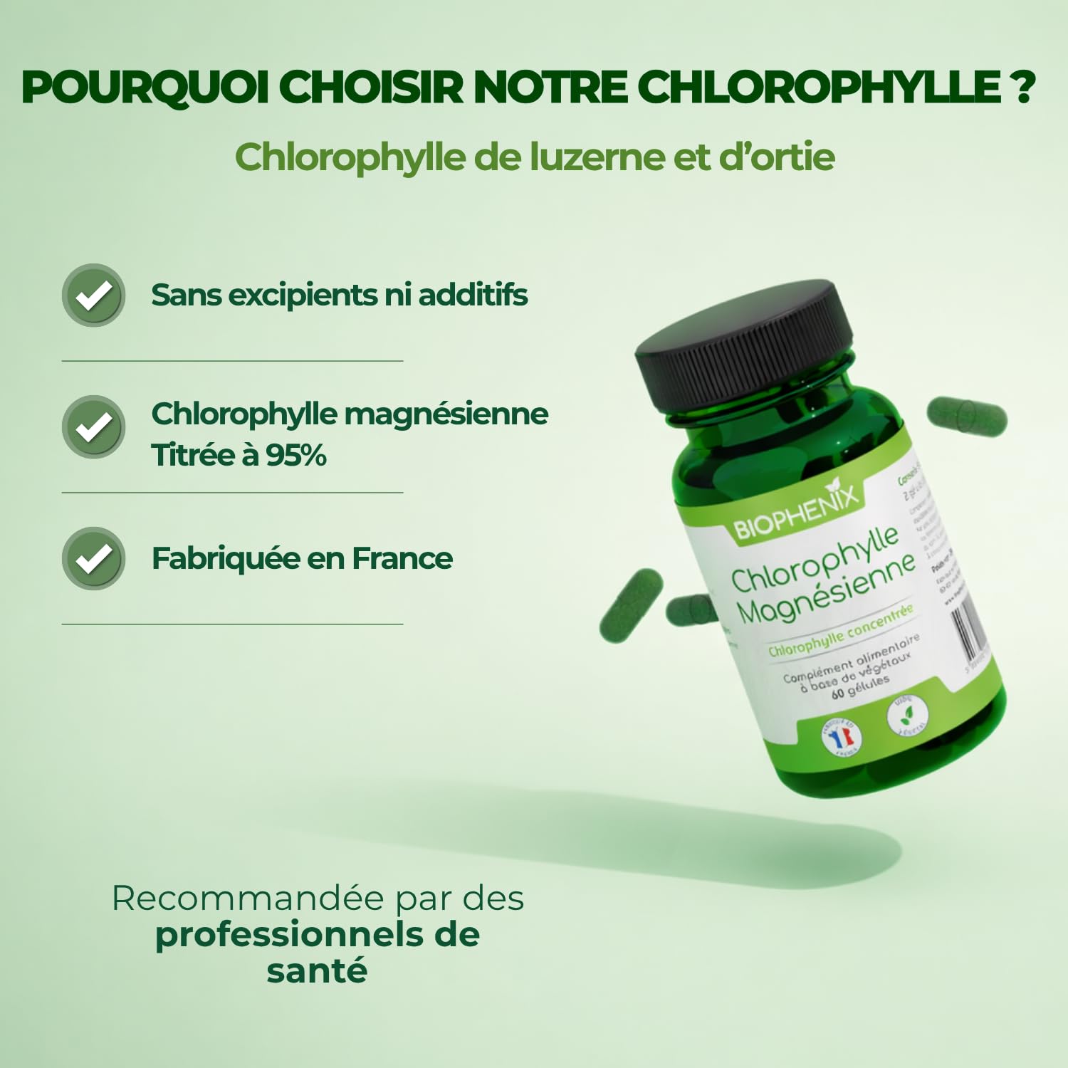 Biophénix - Chlorophylle Magnésienne 60 Gélules - Detox - Protection des Fonctions Digestives, Hépatiques et Rénales - 100% Naturel à Base de Végétaux - Fabriqué en France - 2 Gélules/Jour