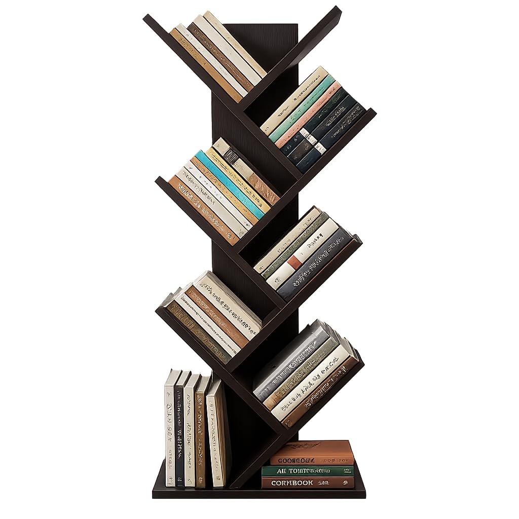Decazone Tree Bookshelf | Modern Floor Standing Wooden Book Shelf for Living Room | Engineered Wood Bookcase & Display Rack | Space Saving Corner Storage Shelf | Dark Wenge Finish-image-18