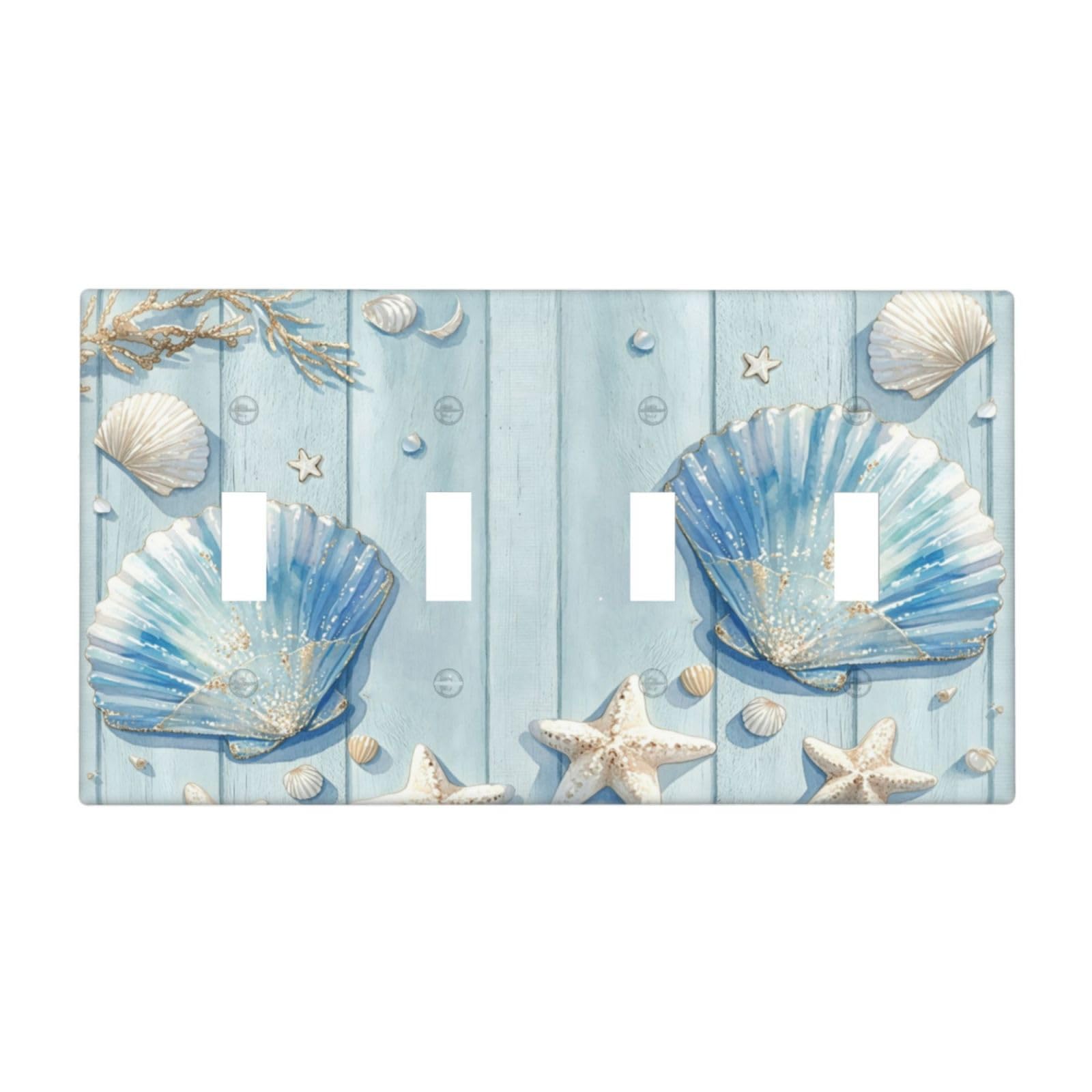 Dwbguo Decorative Light Switch Plate Covers Coastal Seashell Starfish 4 Gang Artistic Wall Plate Unique Nautical Watercolor Blue Wood Beach Quad Toggle Light Switch Covers for Bathroom Home Decor