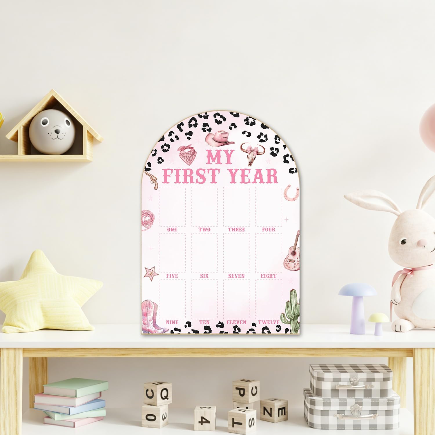 Pink Cowgirl My First Year Photo Board - Newborn 12 Months Milestone Wooden Photo Board, First Birthday Decorations, Baby Girls Keepsake Gift (Fit 2x3in Pic) -01
