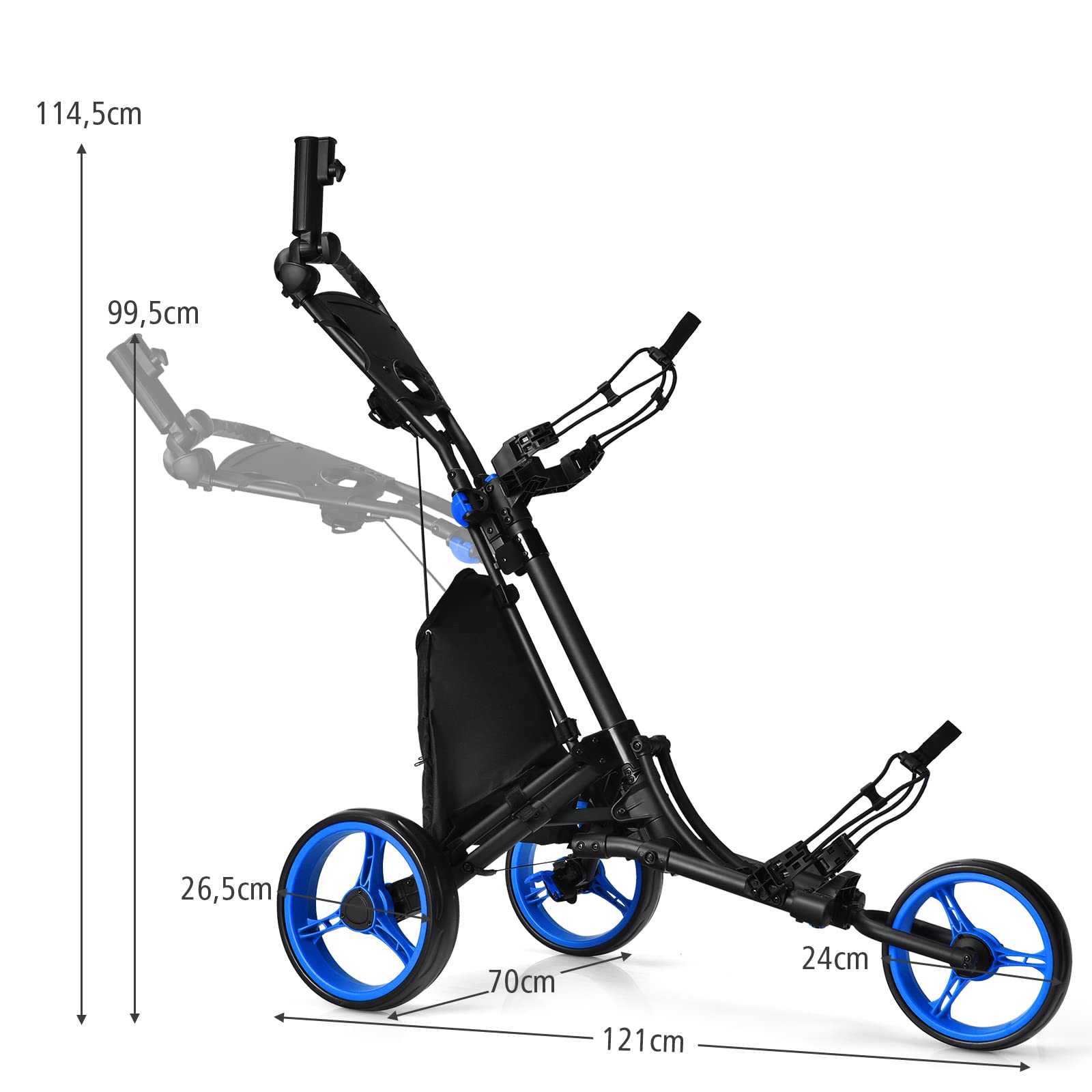 LIFEZEAL Faltbar Golftrolley, 3 Rad Golf Push Cart mit Fußbremse, Golfwagen mit 3 höhenverstellbare Positionen, Golfcaddy klappbar mit Schirmhalter, Flaschenhalter & Tasche