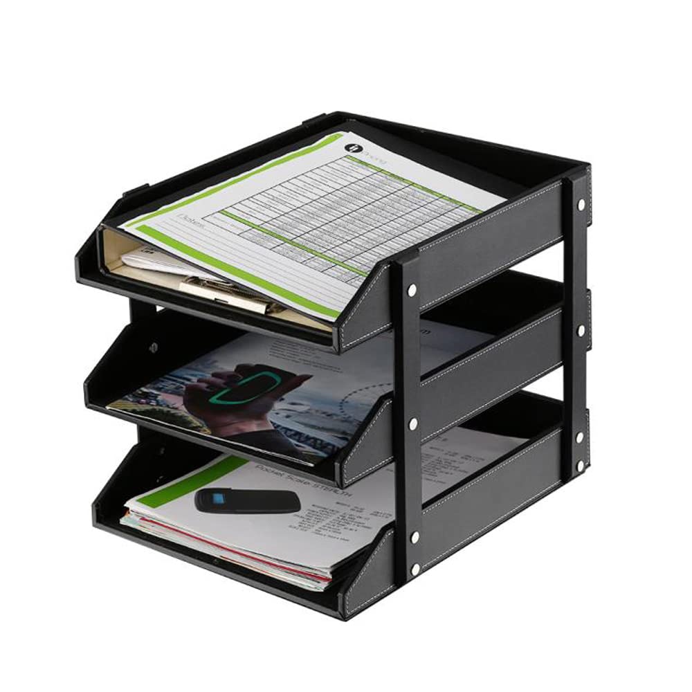 Organizer da scrivania in pelle, impilabile, ideale per riporre documenti, cartelle, cancelleria, riviste, giornali, posta, forniture per ufficio (nero a 3 livelli)