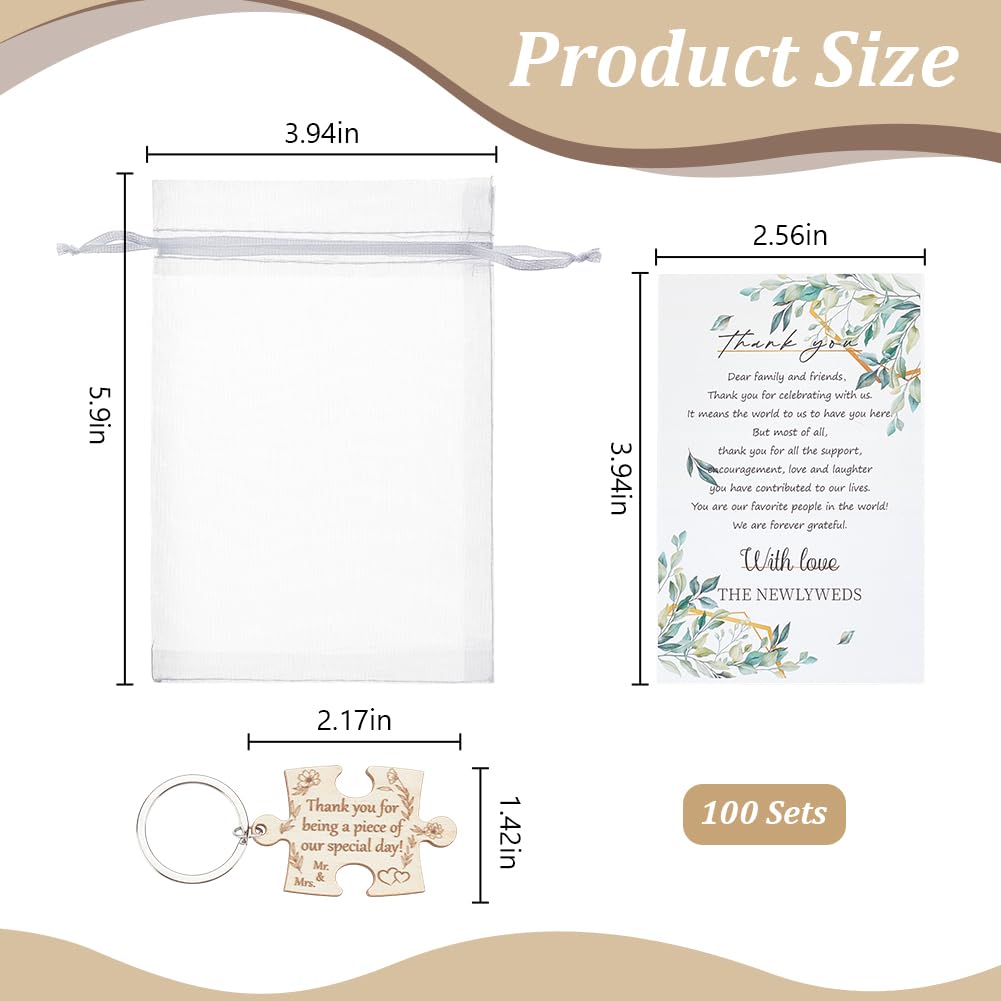 ORIGACH 100 Hochzeitsgeschenke für Gäste mit Holzpuzzle-Schlüsselanhänger, Dankeskarten, Geschenkbeutel, Organza-Beutel, Hochzeits-Souvenir für Party, Brautparty, Dankeschön-Geschenke