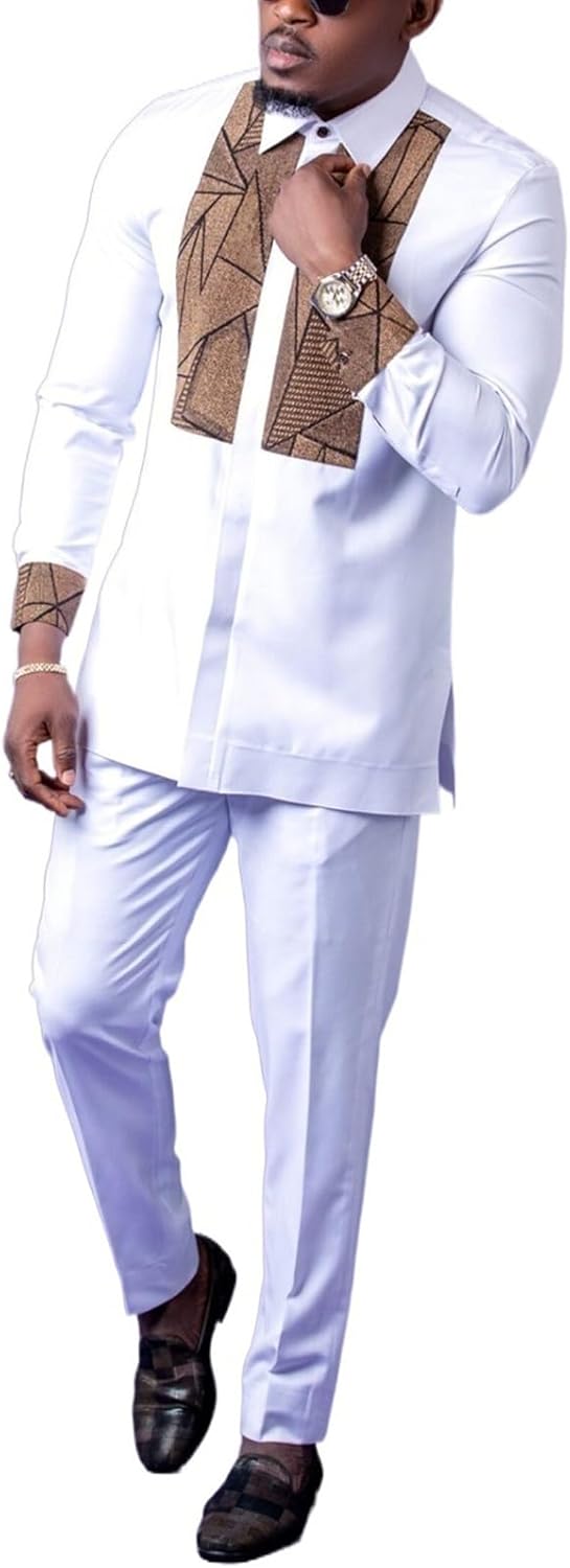 African Suits for Men Shirt and Pant 2 Piece Attire Long Sleeve Dashiki Traditional Outfits Casual Tracksuit