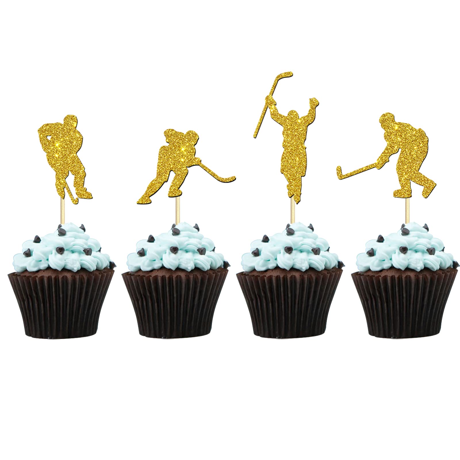 24 pcs Golden Glitter Ice Hockey Player Cupcake Toppers, Sport Theme/Hockey Player Birthday Decoration - Puck Theme/Baby Shower/Birthday/Wedding Party
