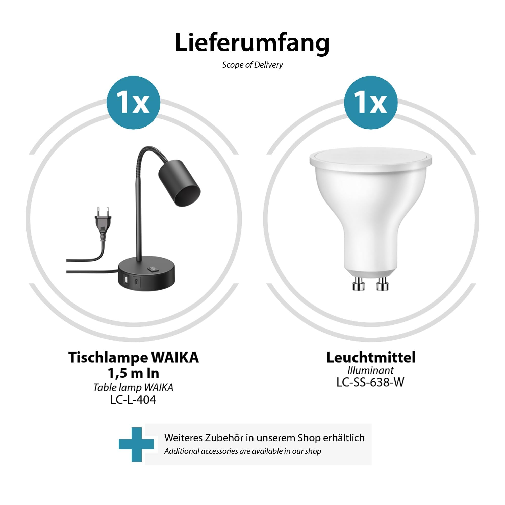 ledscom.de 2x Tischleuchte WAIKA, schwarz, USB-A, USB-C, inkl. GU10 LED Lampe (3-Stufen-Dimmer, weiß, 6,1W, 609lm)