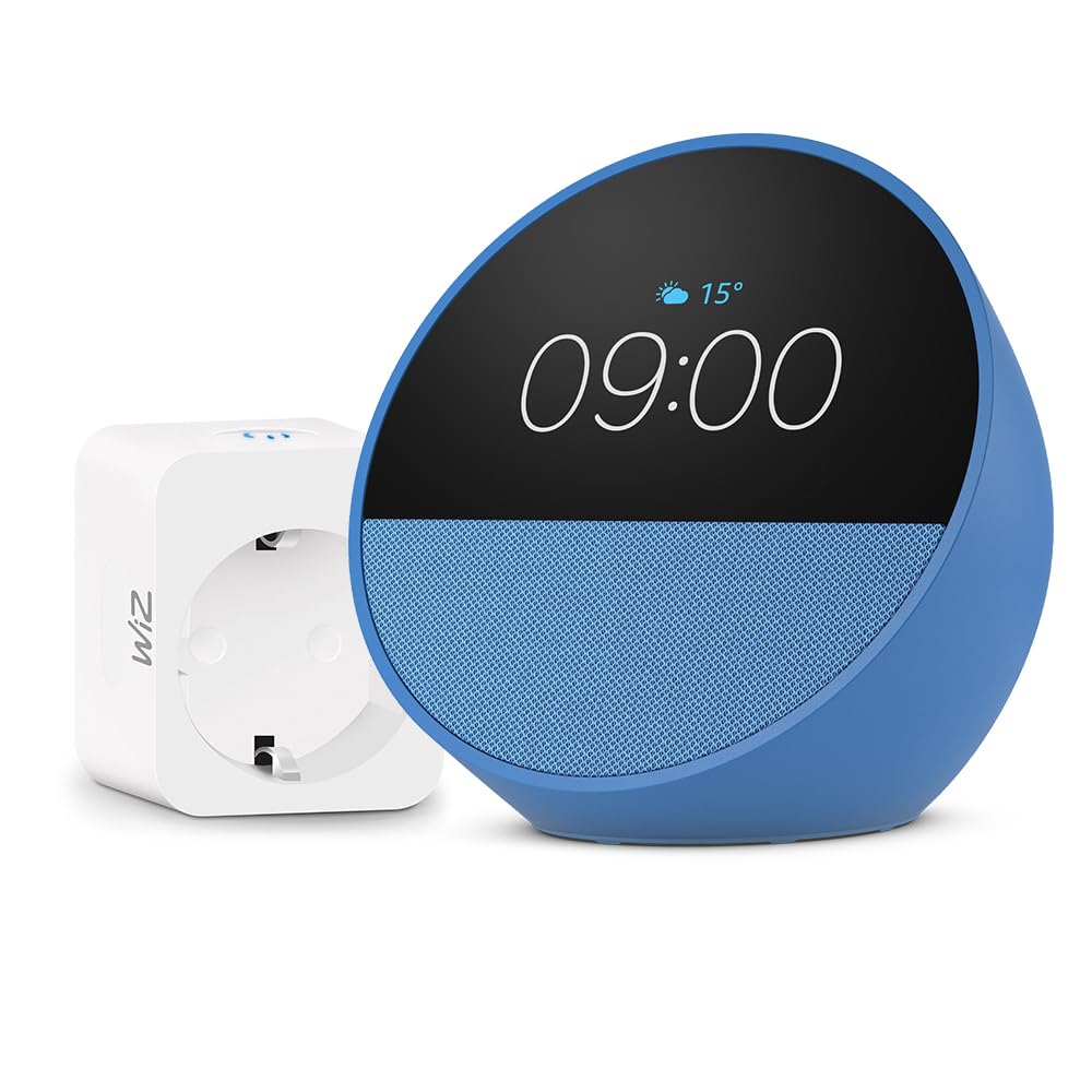 Echo Spot | Blu + WiZ Presa intelligente, compatibile con Alexa - Kit di base per Casa Intelligente