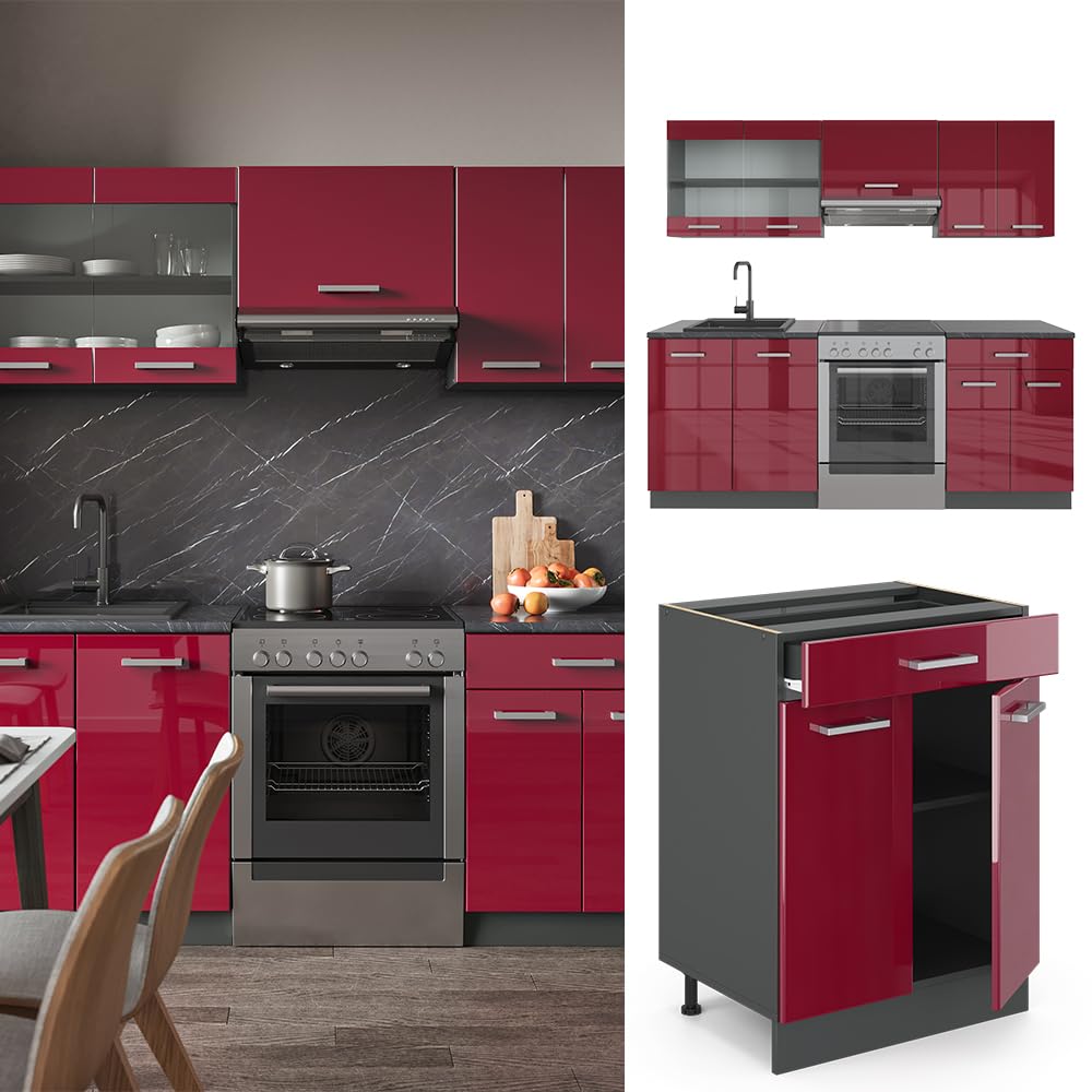 Vicco Cuisine R-Line, Rouge Brillant/Anthracite, 200cm | 5 Modules · Pieds réglables en hauteur · Sans plan de travail · Façades robustes · Avec armoire vitrée
