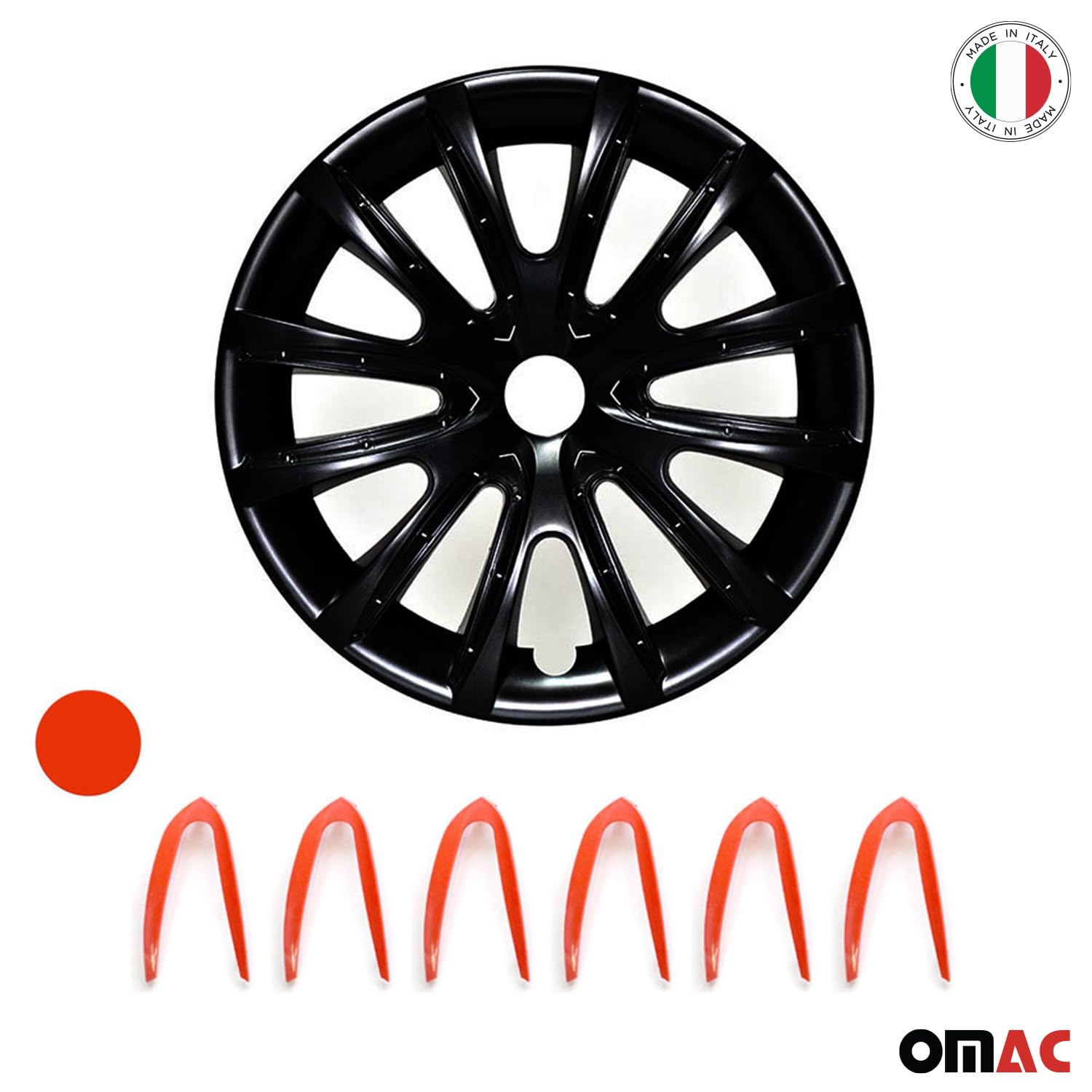 OMAC Lot de 4 enjoliveurs 16" compatibles avec voiture - En Pa66 M20 + matériau ABS PP - 1 jeu (4 pièces) - Noir/rouge mat - Avant et arrière