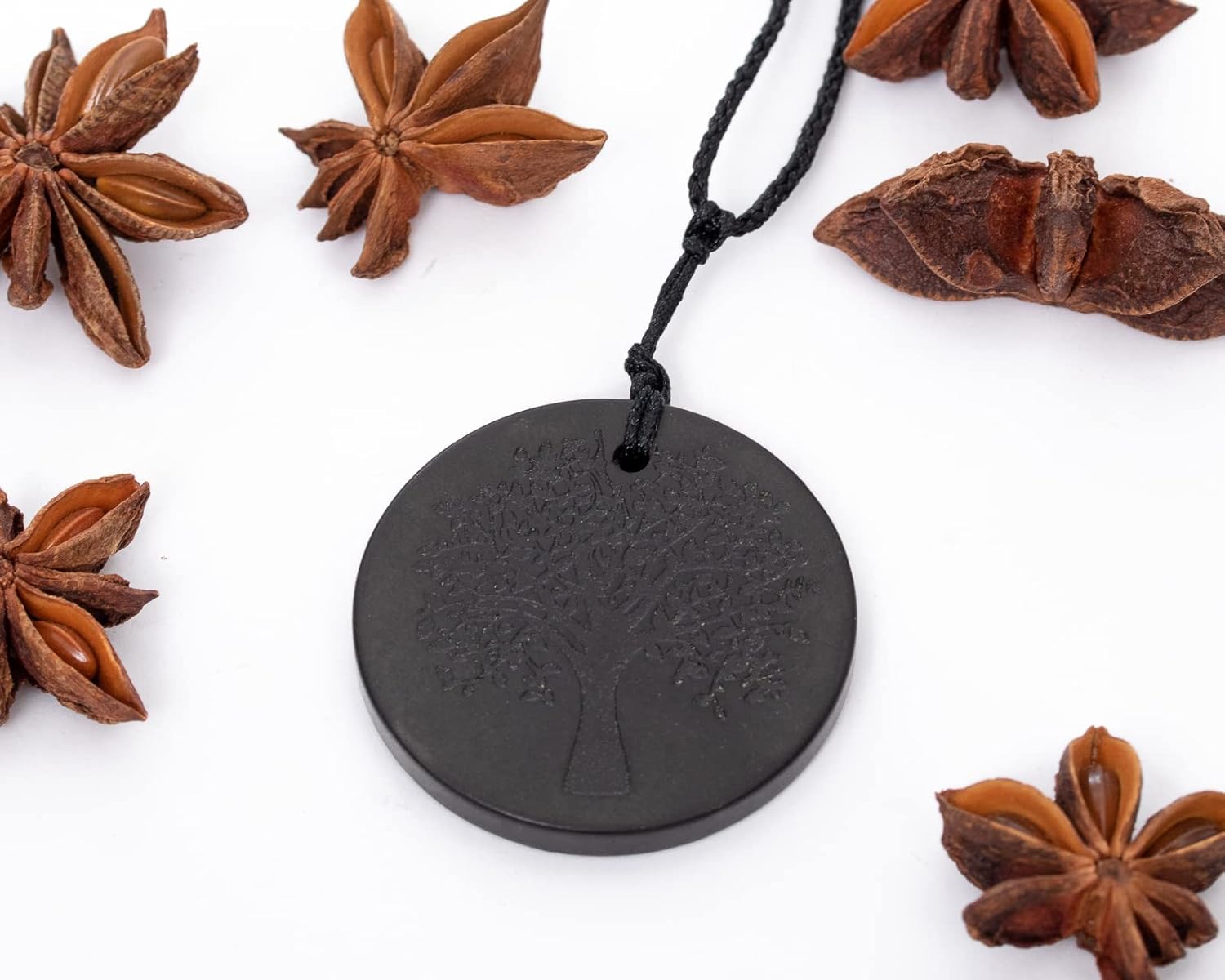 Shungite Engraved Pendant Circle with Cord - Authentic Healing Stone for Chakra and Energy Balancing - (Tree of Life) - Image 5