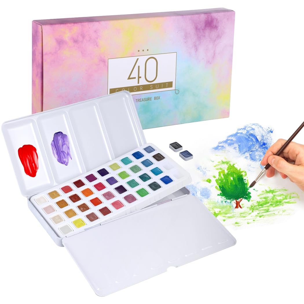 Fournitures artistiques pour artistes, débutants, amateurs, étudiants, kit de peinture aquarelle nacrée, 40 couleurs pailletées dans une boîte en étain, ensemble de peinture aquarelle
