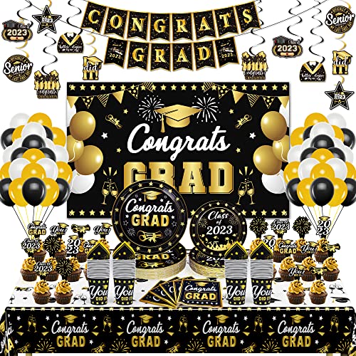 270 Pcs Graduation Party Supplies, 50 Set Congrats Grad Disposable Graduation Plates And Napkins 2023, Graduation Party Favors Tablecloth Cake Topper Banner Swirl Balloons Backdrop For Grad Party #TOP8