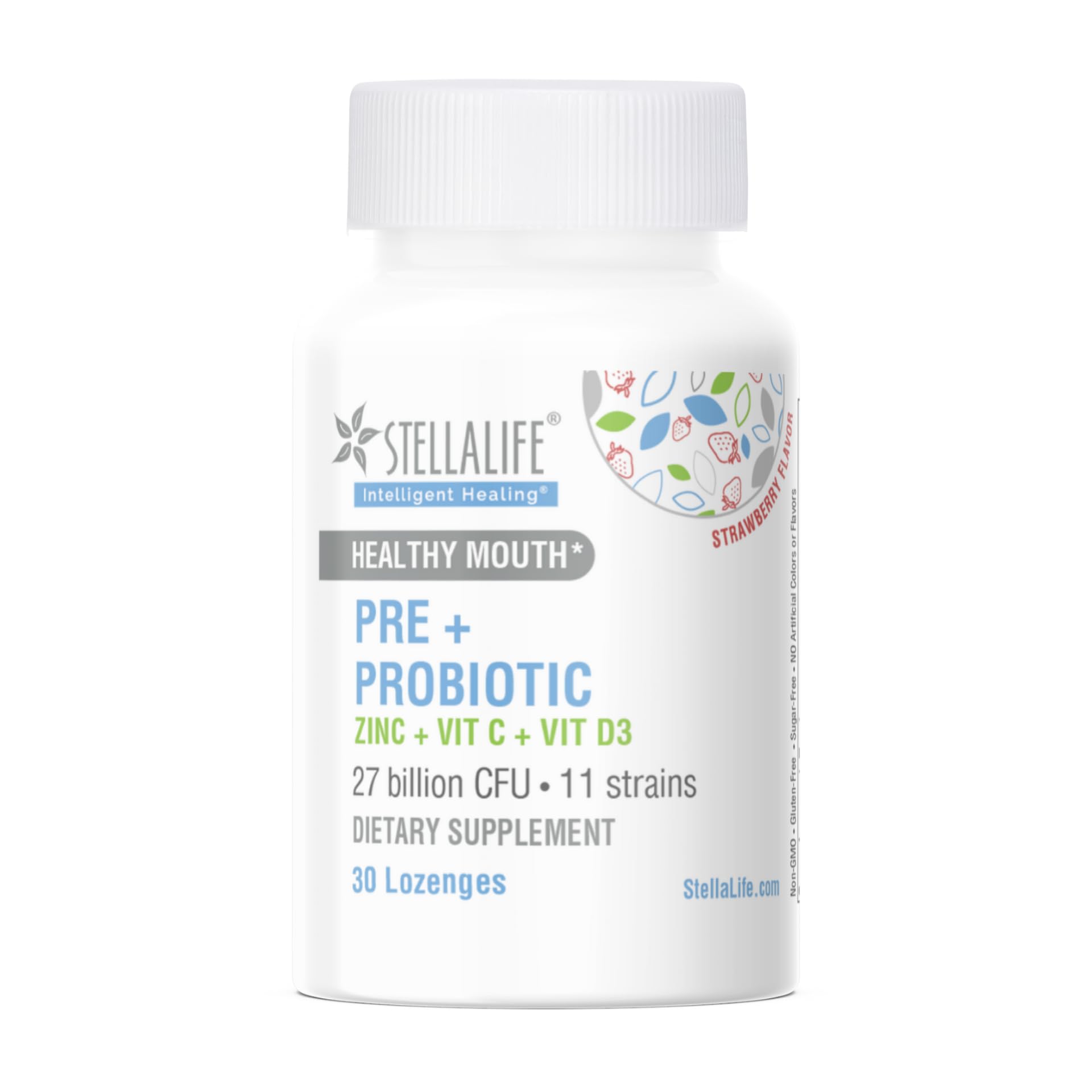 StellaLife Probiotics Oral PRE+PROBIOTICS LOZENGES: 27B CFU, 11 Strains, Dental Probiotics for Healthy Teeth/Gums, Bad Breath, VIT C & D, Zinc, Strawberry Flavor (30-Day Supply)