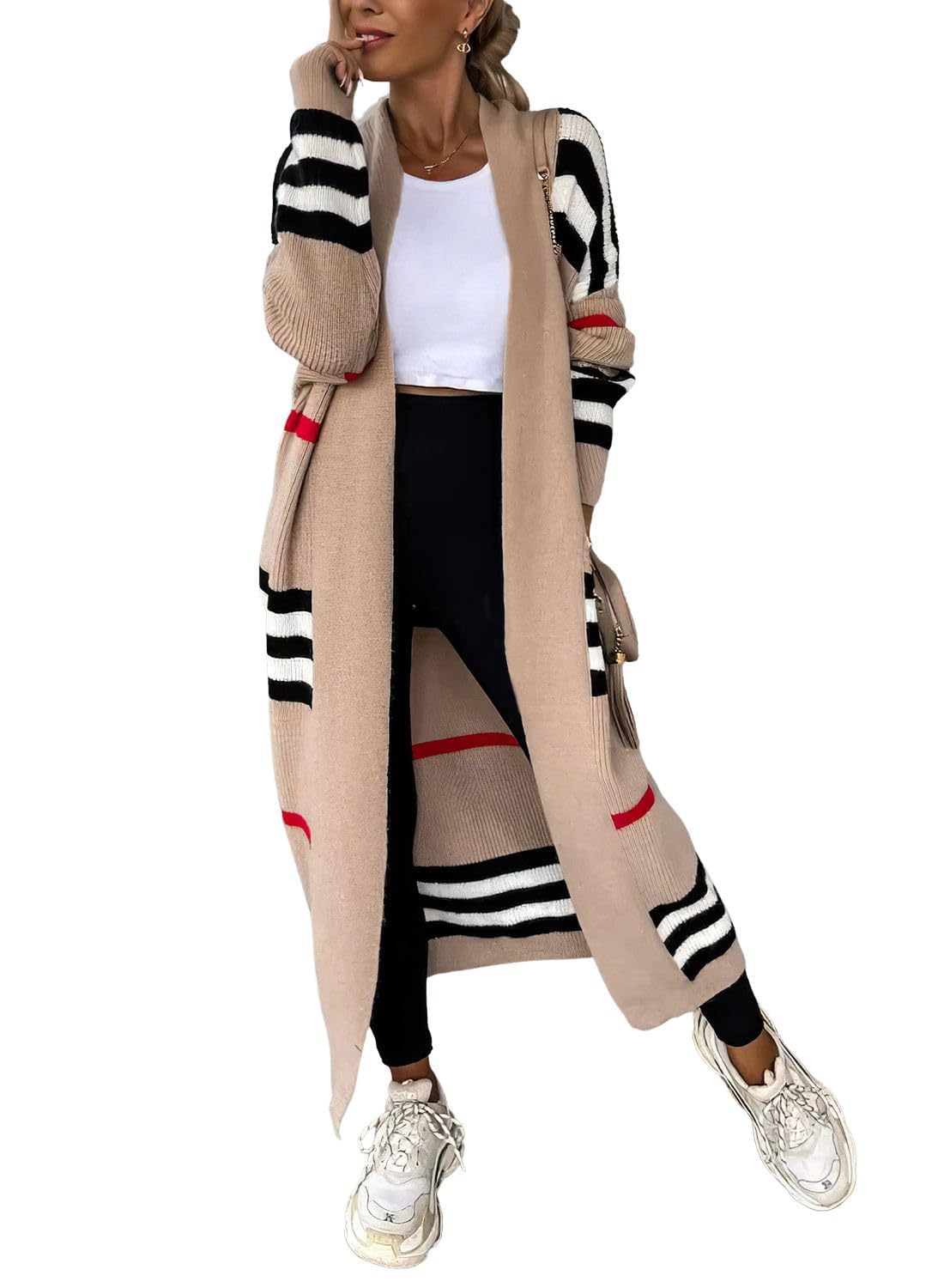 ebossy Womens Vintage Open Front Knit Striped Maxi Long Cardigan Sweater with Pockets