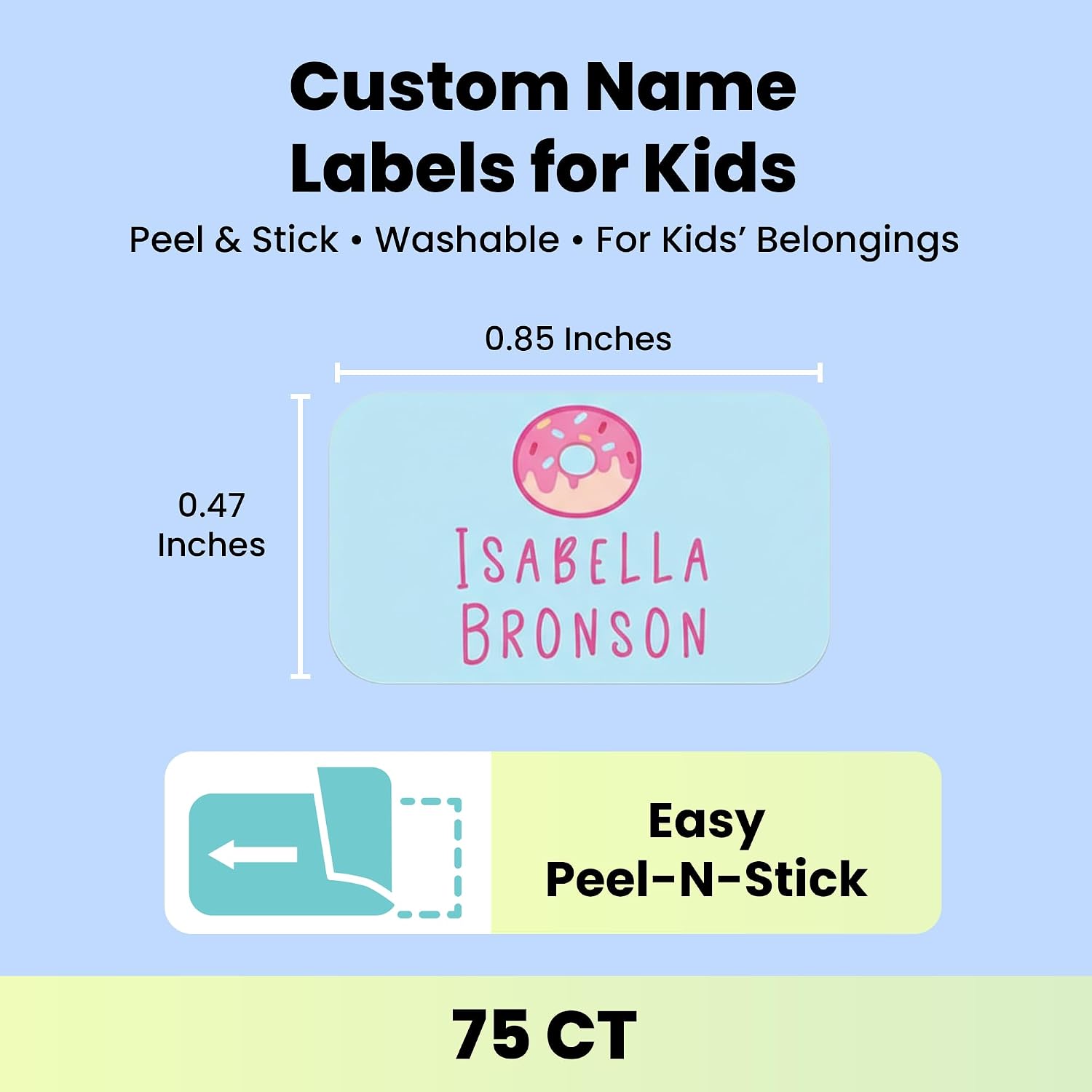 Label Daddy Custom Name Labels for Girls – Waterproof Personalized Name Tags for Daycare, School & Camp - No Iron Needed - Extra Small Labels for Bottles, Backpacks & More – Donut Design | 75 Ct