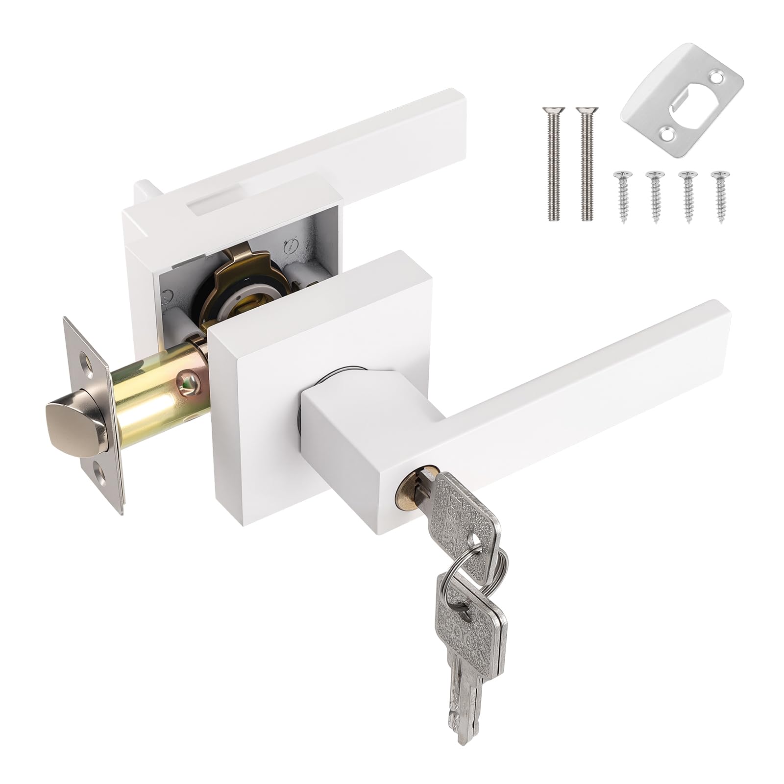 HSEAMALL Door Lever Handle Lock,Black Interior Door Handle with Lock and Key Square Entry Door Handle for Bedroom Office Left or Right Handing (White)