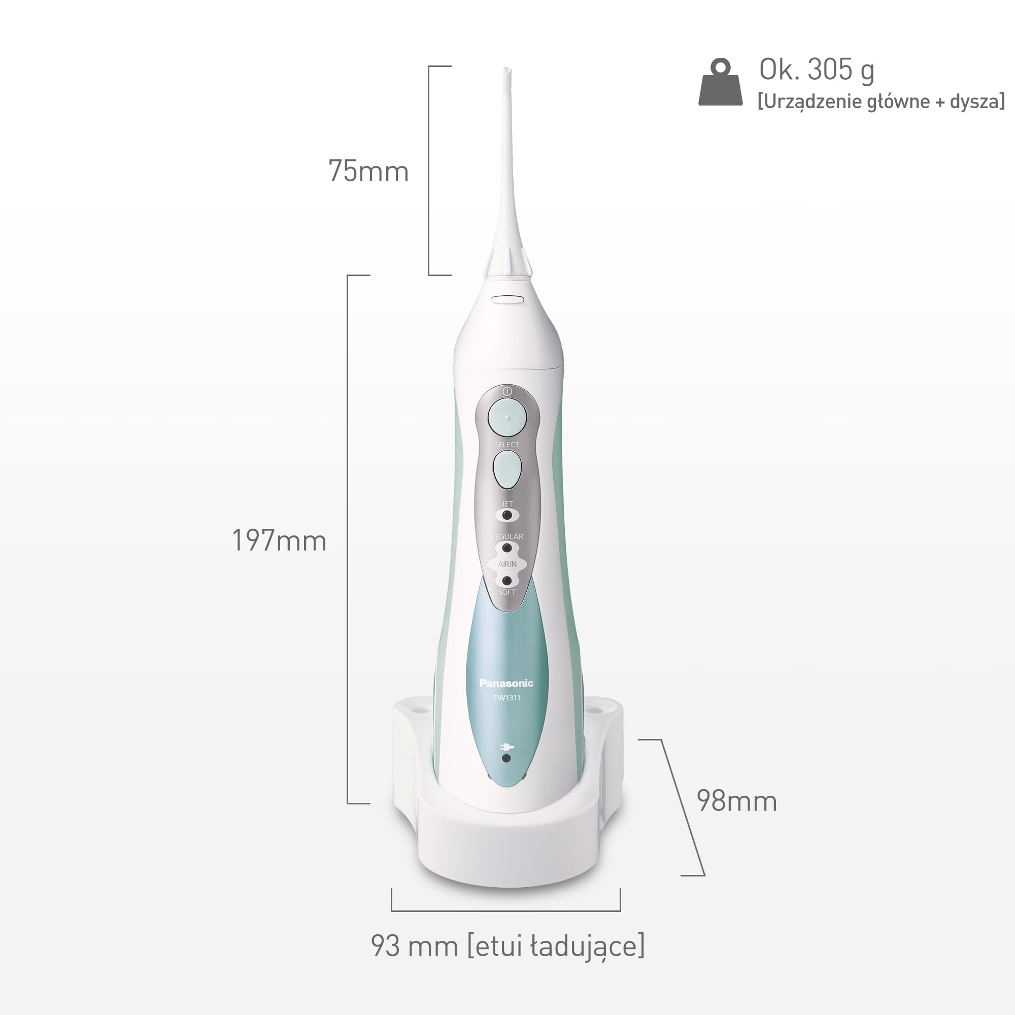Panasonic EW1311G845 przenośny irygator z 3 strumieniami wody (4 dysze z kolorowymi pierścieniami, ładowarka bezkontaktowa, wodoodporny), biało-zielony