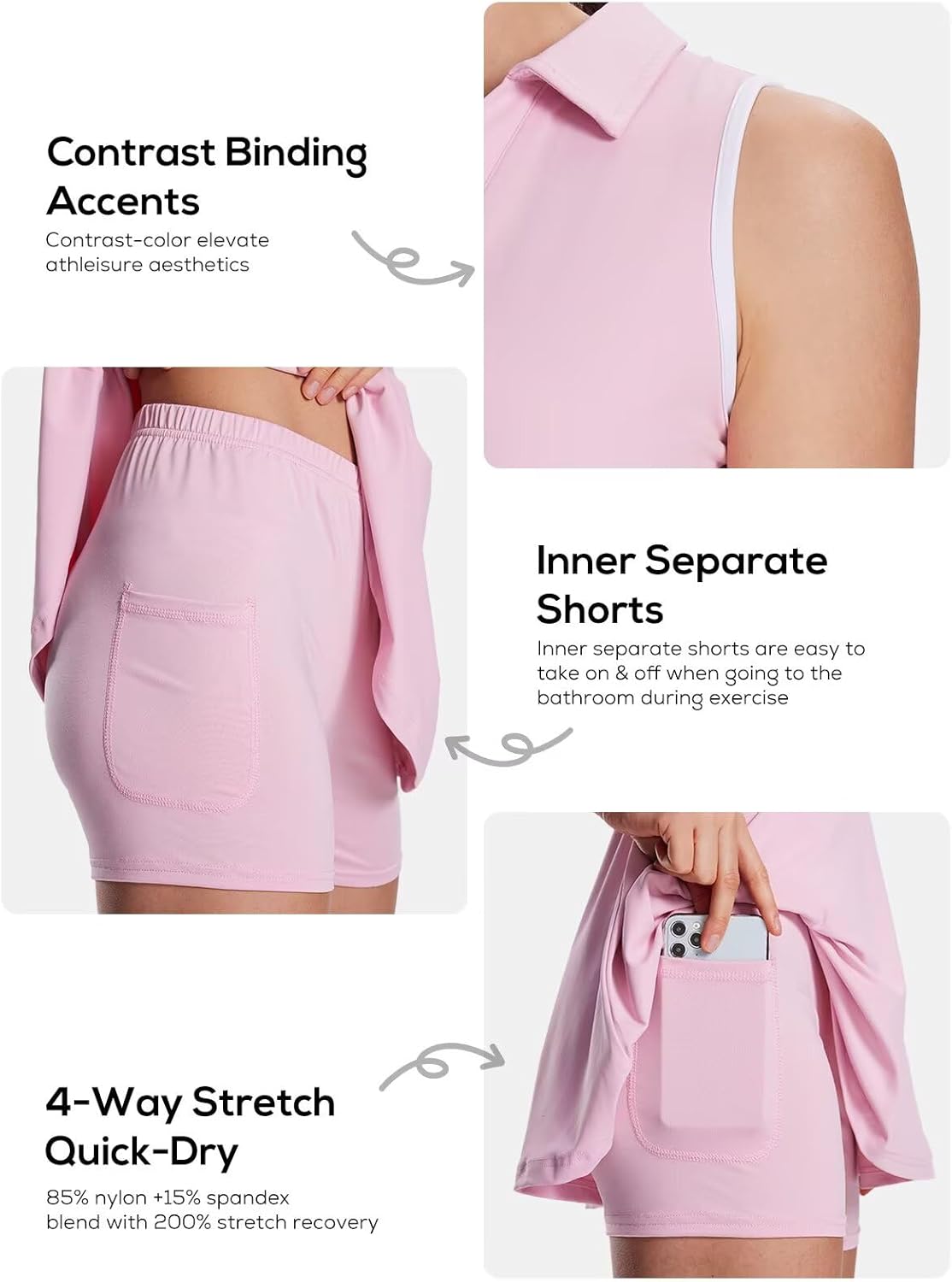 Women's Tennis Dress with Detachable Pocket Shorts, Convertible V-Neck & Polo Collar for Golf Gym - Image 4