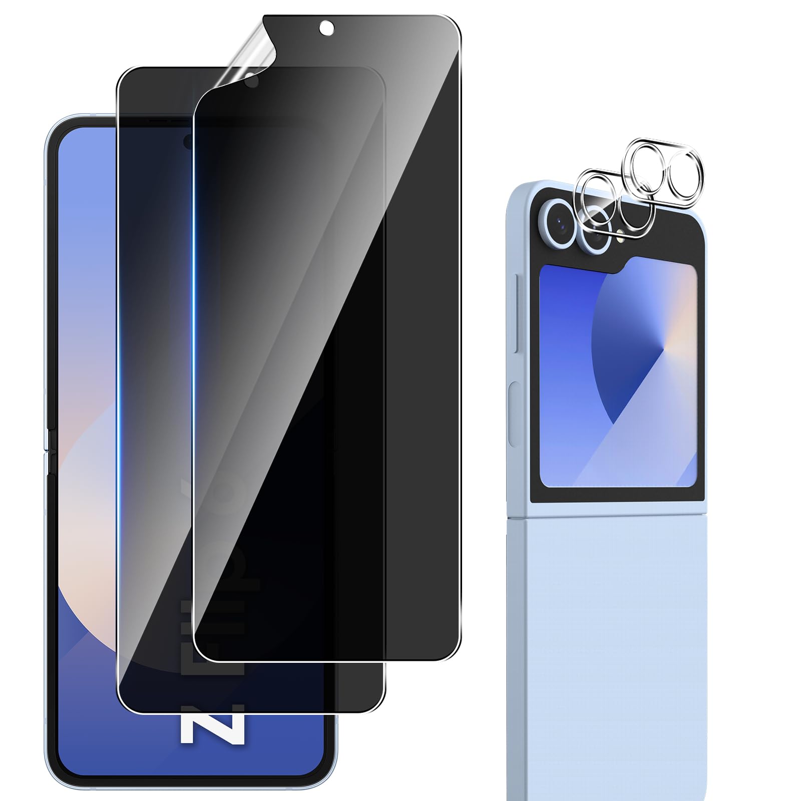 【覗き見防止】For Galaxy Z FLIP6 フィルム 覗き見防止（2枚）+カメラフィルム（2枚）キズ防止 Galaxy Z FLIP6 保護フィルム 覗き見防止 プライバシーフィルム Ubefuu スクラッチ防止 耐衝撃 指紋防止 防水 気泡防止 Galaxy Z FLIP6 用 フィルム【2+2枚セット】
