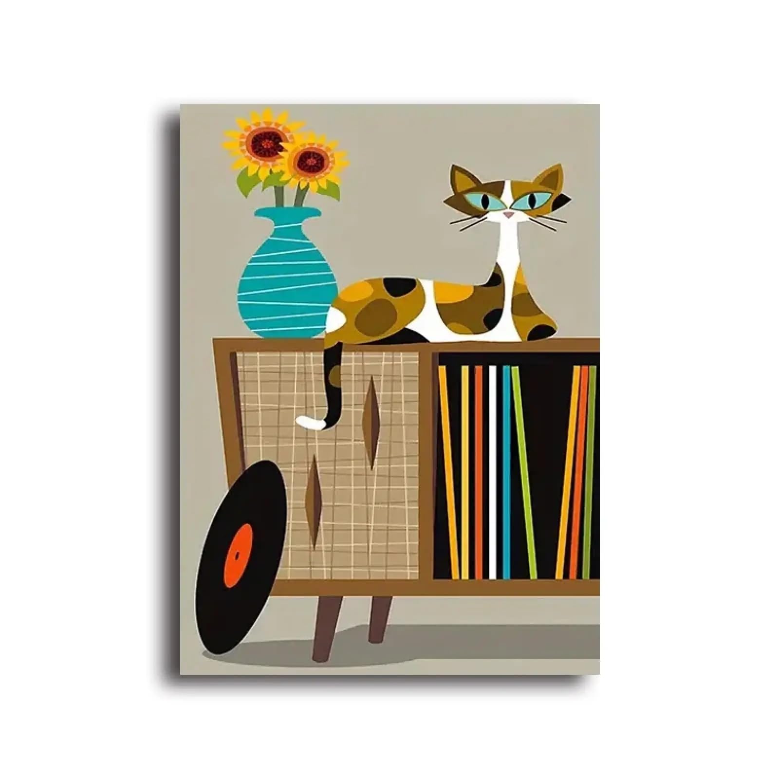 TONGYINLI Elegancki kot na płótnie druk na płótnie, stary gramofon płyta winylowa retro design plakat ścienny salon dekoracja domu miłośnik kotów ramka 70 x 110 cm
