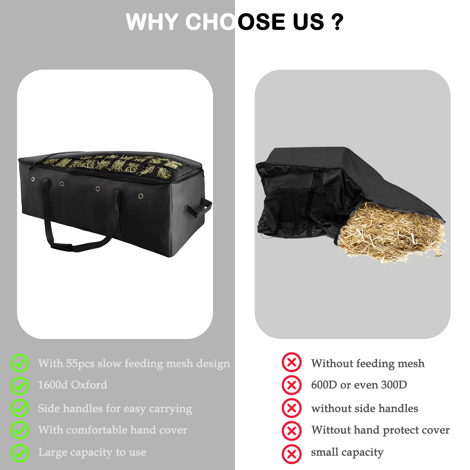 Paquete de 2 bolsas de heno, tela Oxford 1200D resistente, bolsa de heno de alimentación lenta, bolsa de almacenamiento extra grande con diseño de alimentación lenta superior para caballo