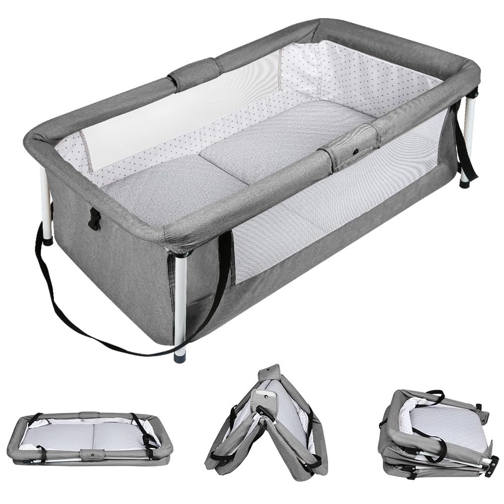 Belfoyer Travel Cot With Mattress Included,Next To Me Crib Portable Foldable Baby Bed,For Home Camping Visiting,Baby Bedside Crib,90x50x35cm Grey