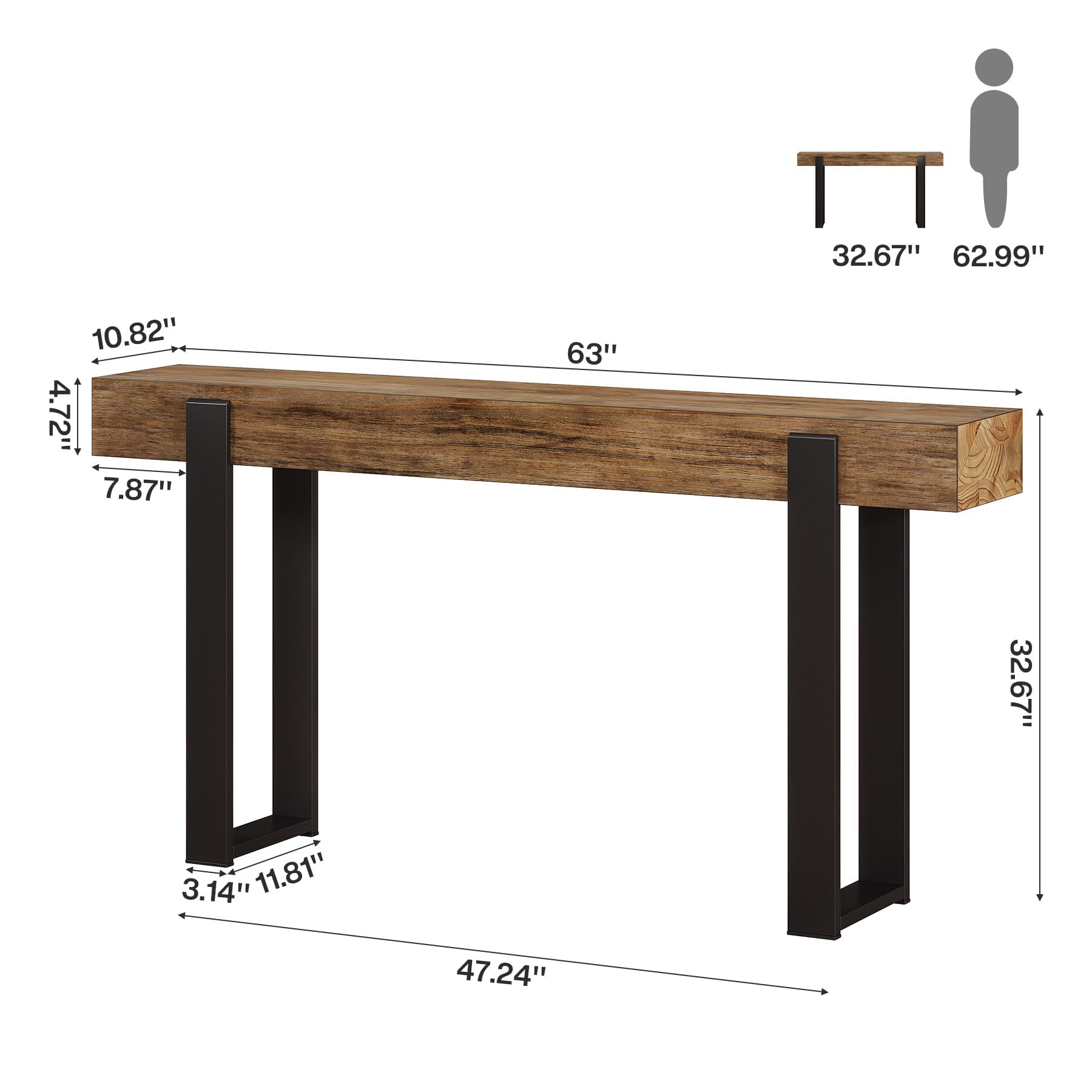Tribesigns Konsolentisch Massivholz, 160 cm, mit Metallgestell, ideal für die Couch, Eingangsbereich, Flur im Landhausstil, rustikales Braun & Schwarz