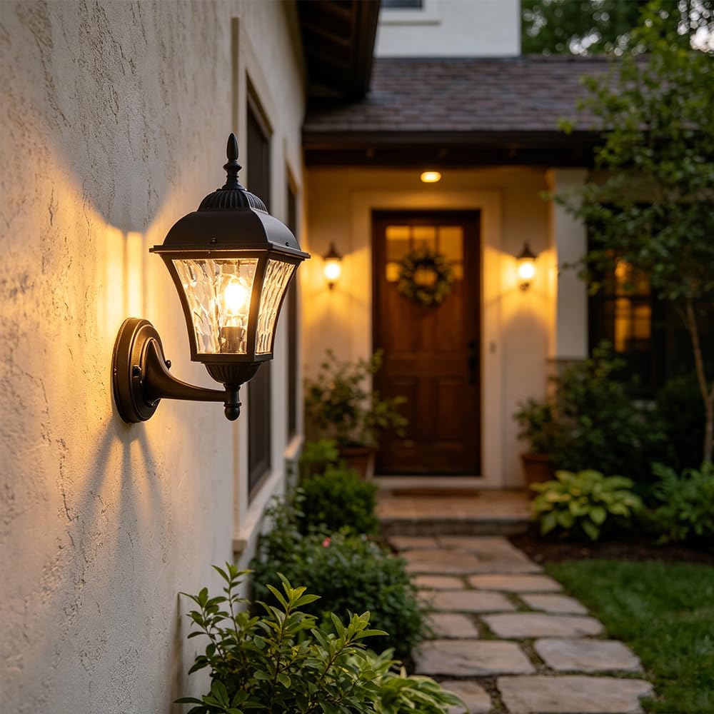 Nowoczesna lampa ogrodowa, zewnętrzna lampa ścienna, metalowa latarnia, wodoodporna obudowa, E27, zewnętrzna brama, oświetlenie drzwi wejściowych, plastikowa kinkiet, balkon, ganek, patio, tradycyjna