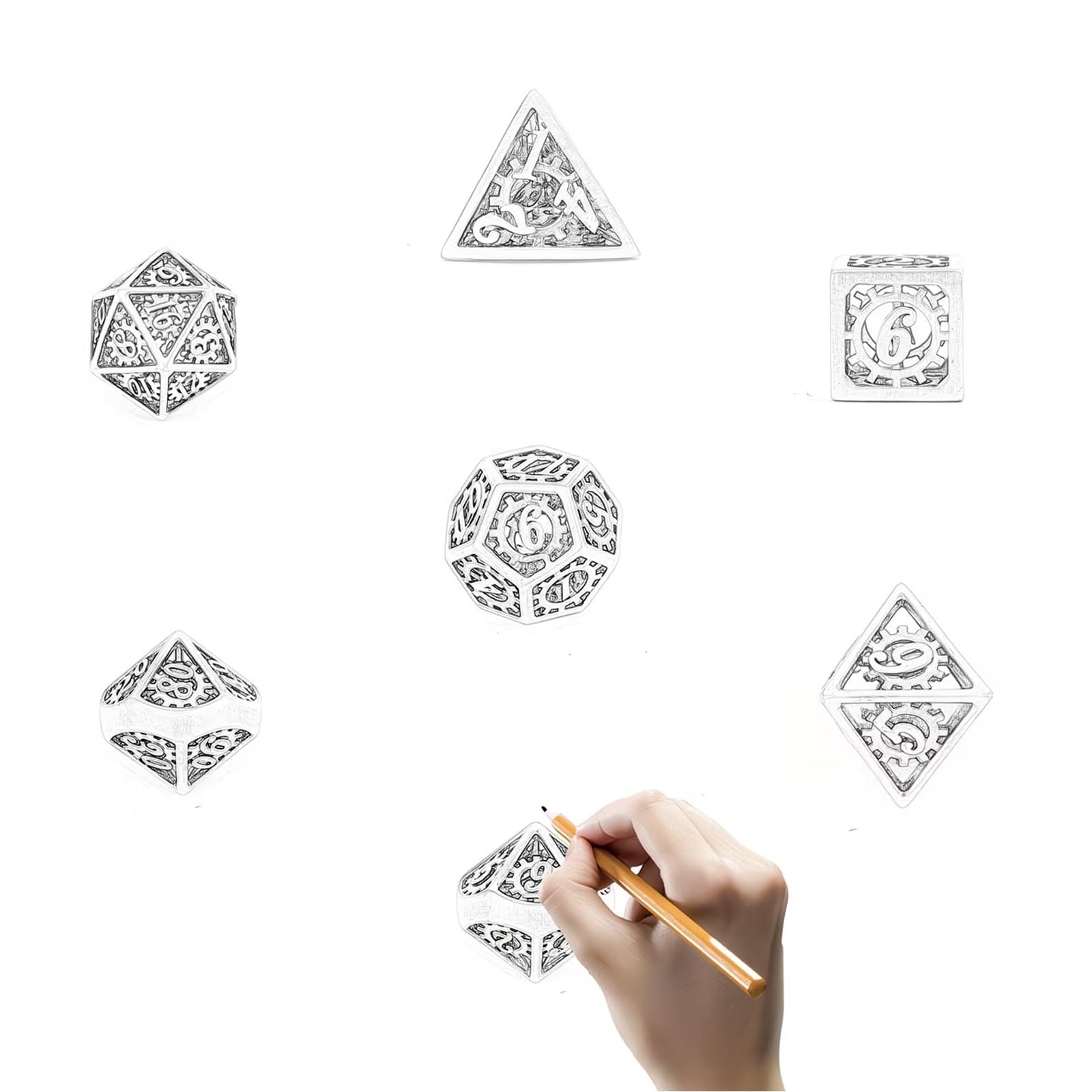 Ensemble de 7 Dés en Métal Dentelés Blancs et Jaunes, Polyèdres Creux, Compatibles avec Les Jeux de Rôle Les Jeux de Plateau et Les Jeux de Cartes