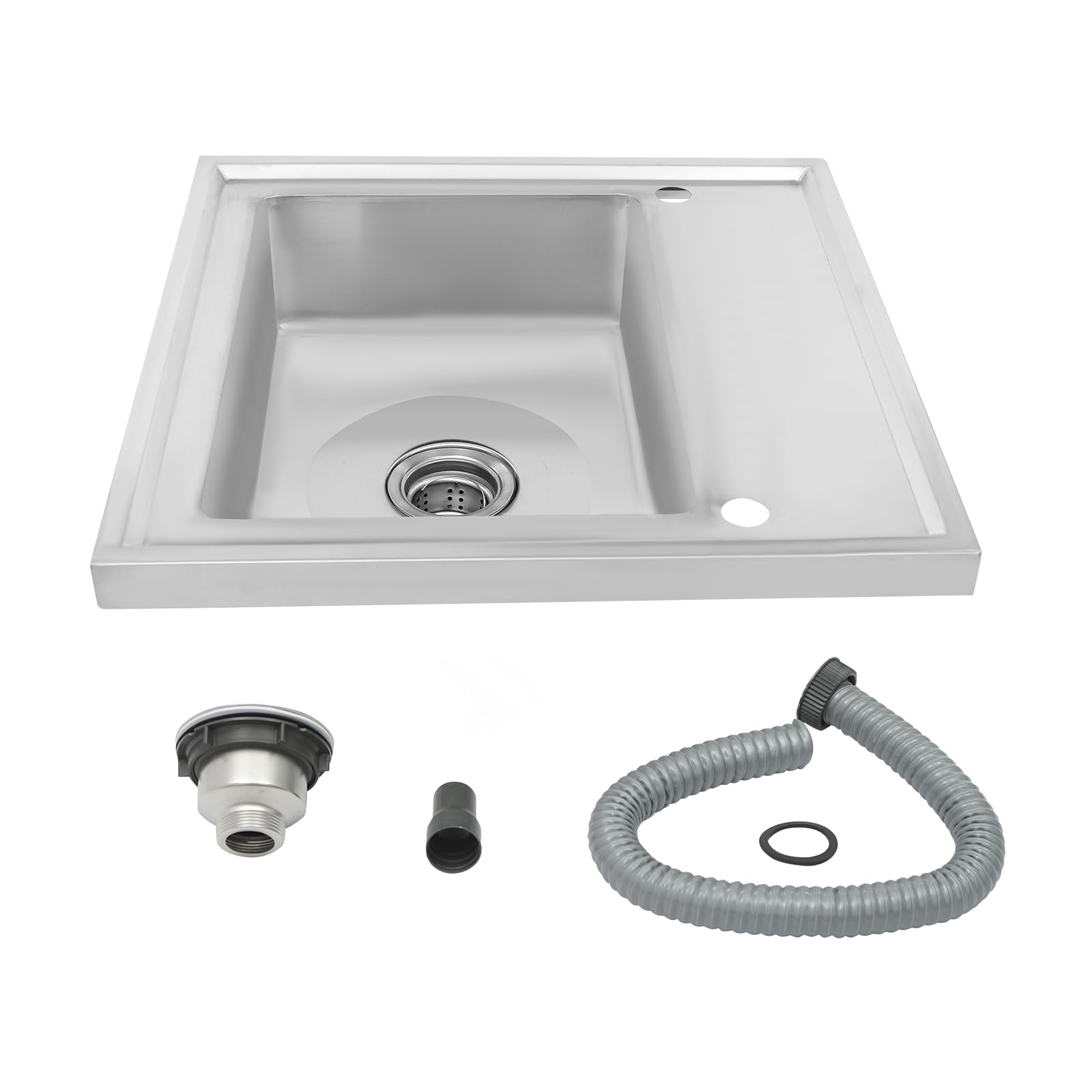 Edelstahl Spülbecken 60 cm Breit mit Abtropffläche und Abflusssieb, Silber Eckig Küche Spüle Ausgussbecken Küchenspüle,Einbauspüle Eckspüle Waschbecken, 1 Becken (60.2 * 60.2 * 15.49cm)