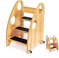 Vista 1 de StrongTek Taburete para niños, escalera con ruedas y asas de seguridad, torre de pie de madera de 3 niveles, silla convertible con escalones