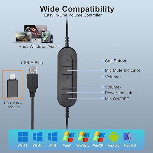 Miniatura 7 de Auriculares USB con micrófono para oficina centro de llamadas telefónico, auriculares USB-A ligeros de 1 oreja con micrófono con cancelación de
