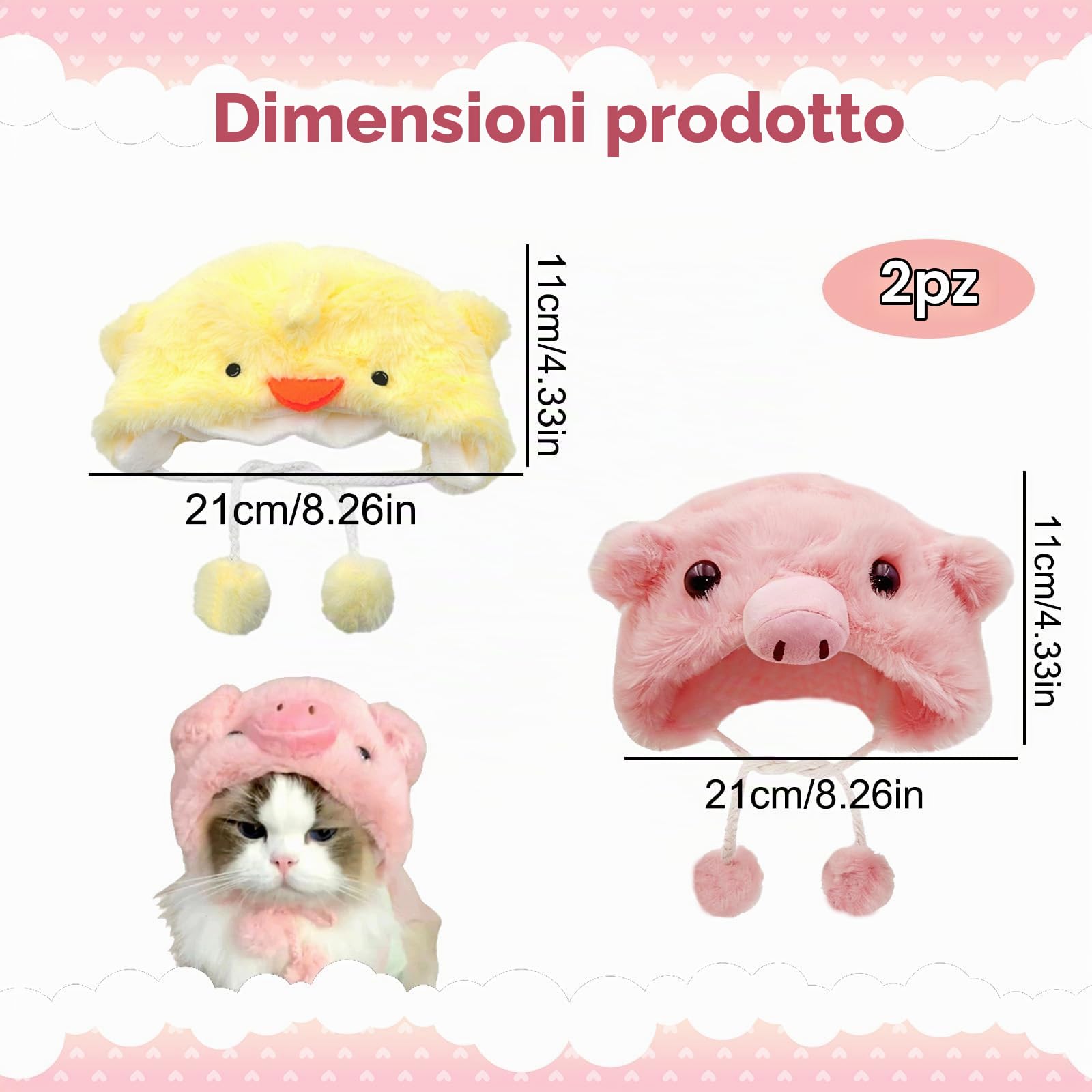 2 Pezzi Cappello Gatto, Morbido Peluche Cappelli per Gatti, Adorabile Cappello per Gatto, Modelli con Pulcini e Maialino Cappellino gatto, Cappellino per Gatti Copricapo Accessori