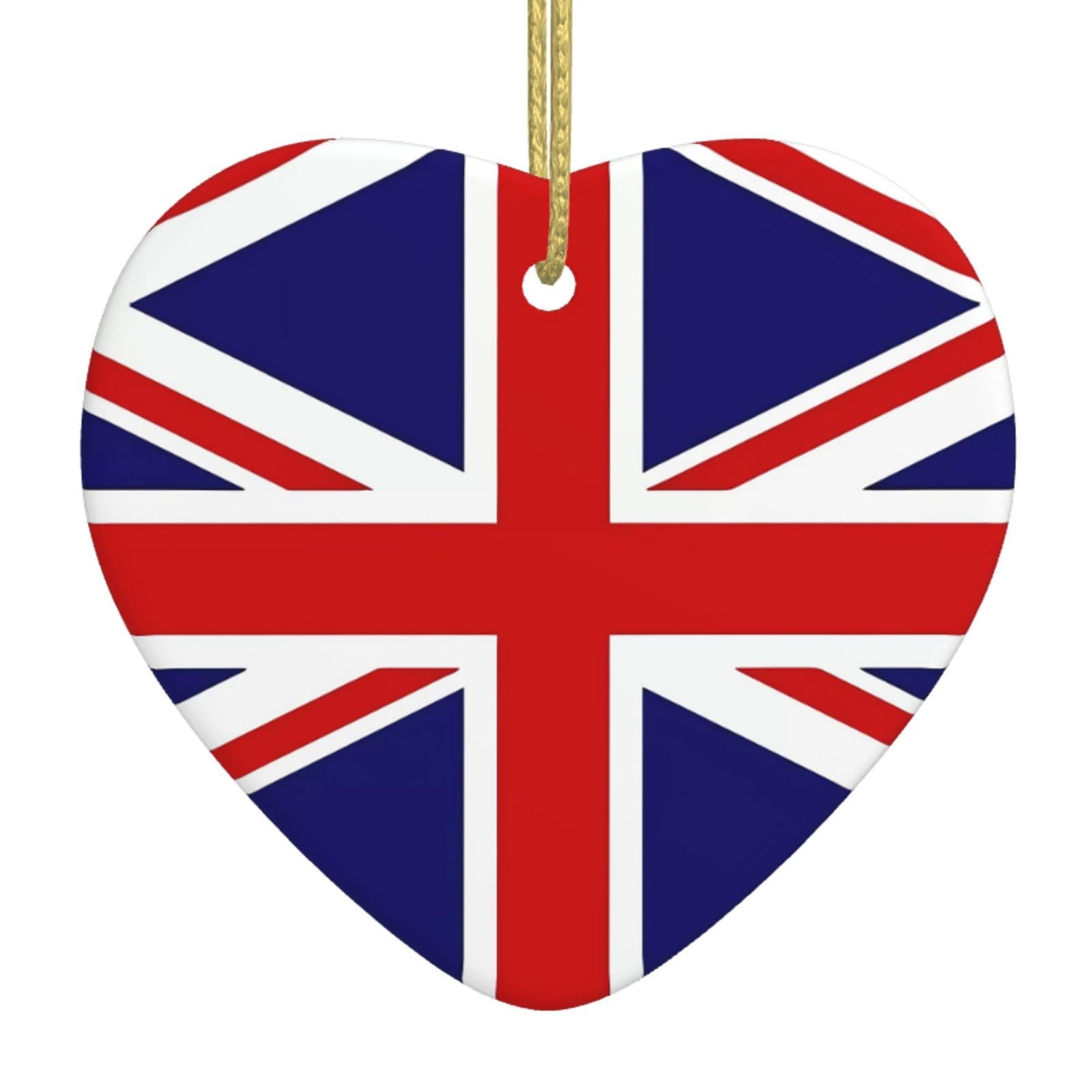 UK Flag Ceramic Christmas Heart Pendant with Silk Thread, Christmas Tree Home Decoration
