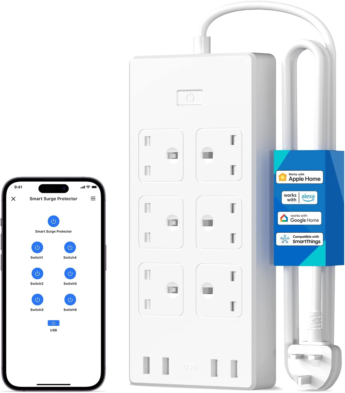 Meross Smart Power Strip, 6 Gang 4 USB Ports Smart Extension Lead