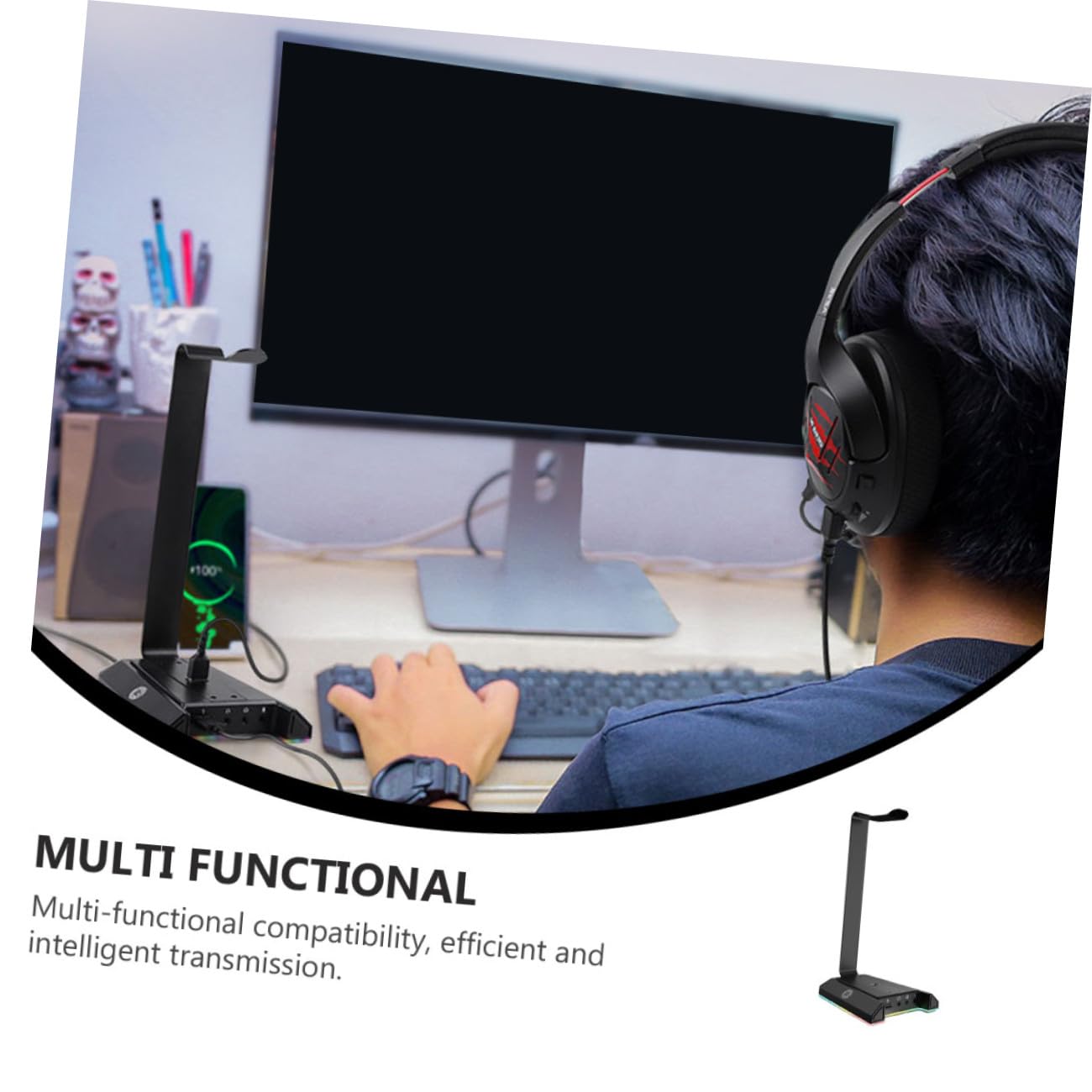 POPETPOP Supporto da Scrivania per Cuffie Gaming Abs Nero, Portatile | Trasmissione Dati ad Alta Velocità, Connettività per Telefono, Accessori Scrivania Gaming