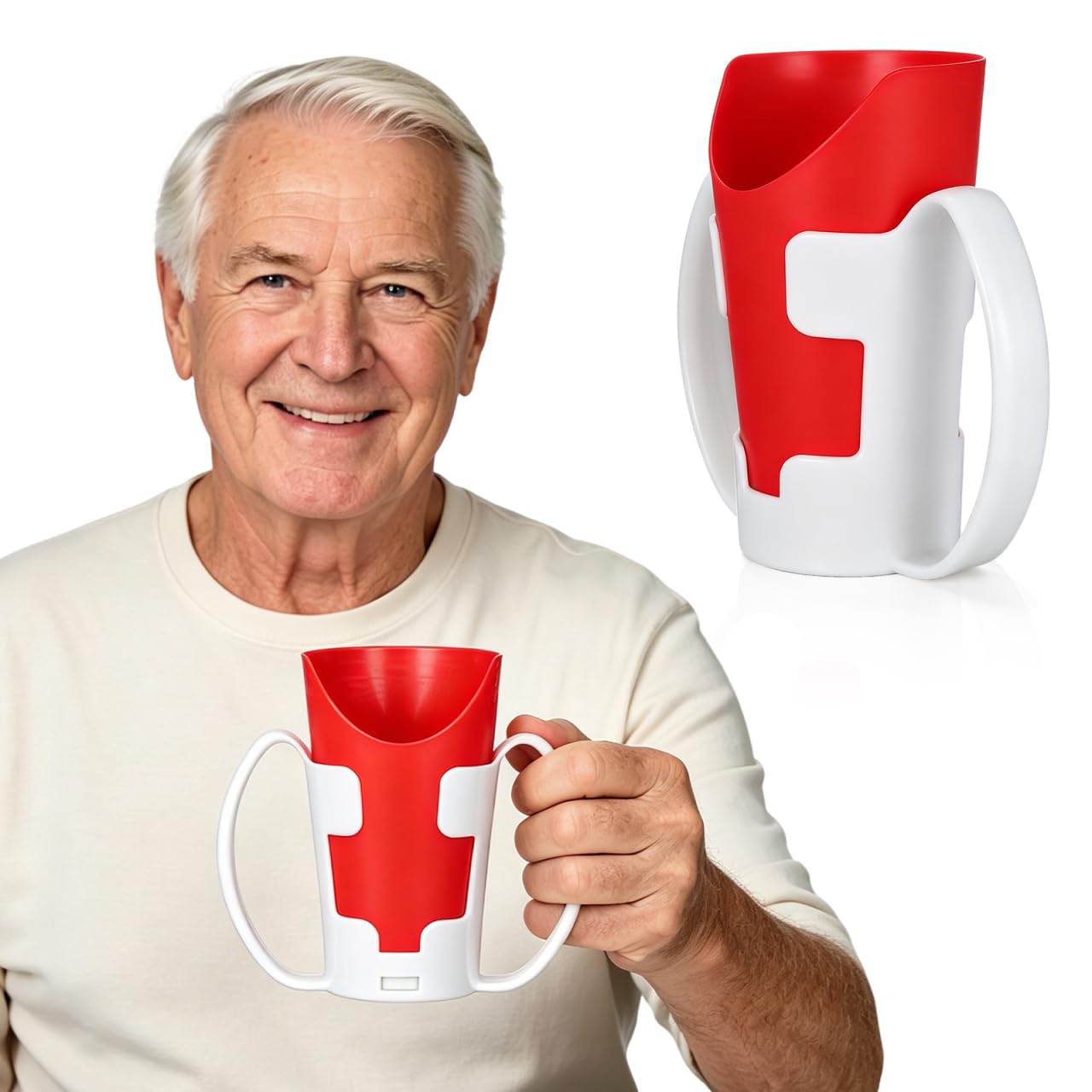 HEMOTON Tasse à Découpe Nasale, Rouge avec Support | Permet de boire sans incliner fortement la tête, pour personnes âgées, soins à domicile et mobilité réduite