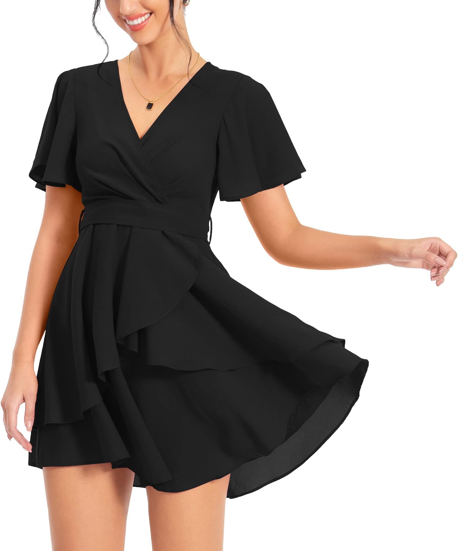 PCEAIIHWomen's Casual Dresses Short/Long Sleeve Empire Skater Dress Deep V-Neck Waist Tie Ruffle Mini Swing Dresses