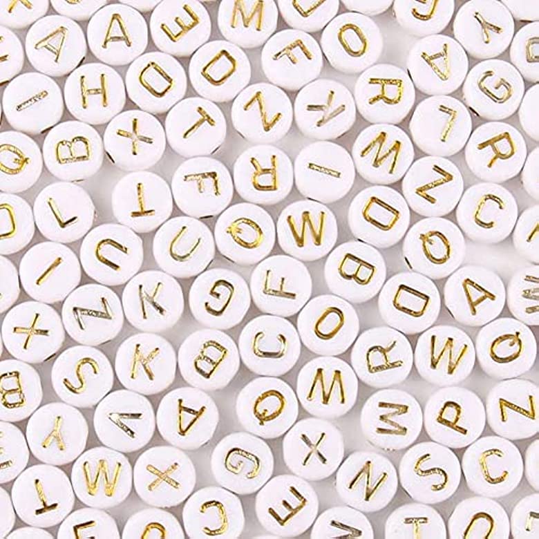bestake1200pcs 4×7mm Alphabet Beads White Round Acrylic Gold Letter Beads, for Bracelets and Jewelry Making (White Beads Red Letter)
