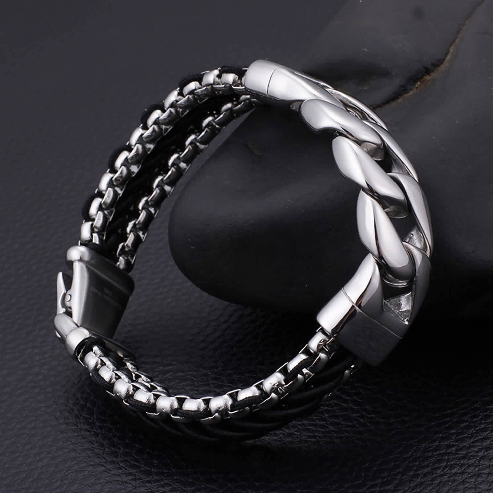 Pulsera para hombre, pulsera de eslabones cubanos de acero inoxidable, cuero negro, cadena trenzada de 15 mm, 21CM x 15MM, Cuero, No es una piedra preciosa