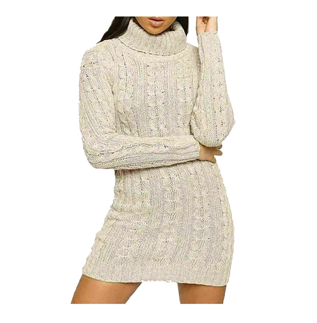 FASHION 7STAR Womens Polo Neck Chunky Cable Knitted Jumper Ladies Pullover Bodycon Party Tunic Jumper Dress Stone