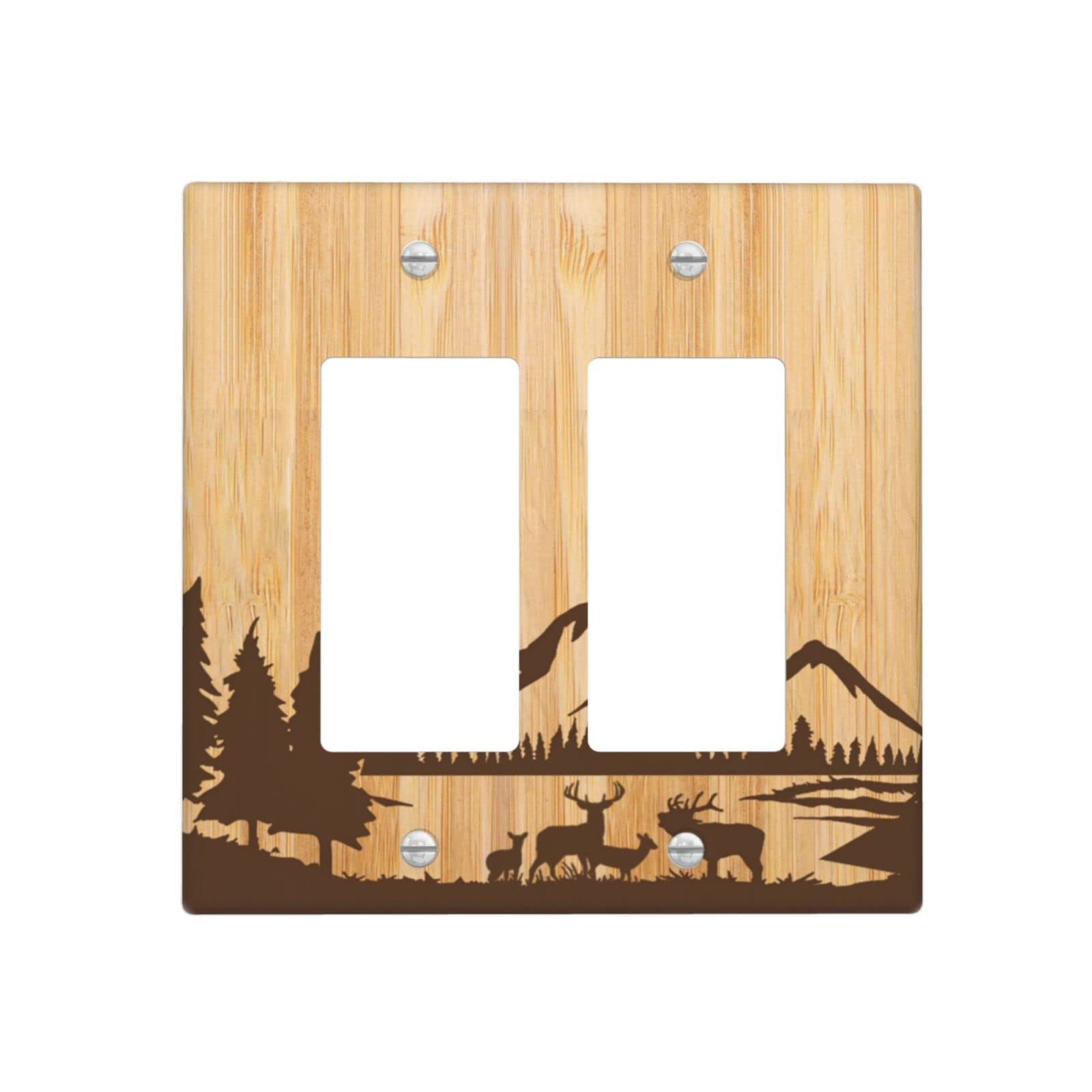 Forest Elk Wood Double Rocker Light Switch Plate Solid Wooden Decorative Bamboo Wall Plate for Bedroom Kitchen Home Decorative 4.5" X4.5"