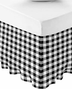 Farmhouse Checkered Bed Skirt Queen Size 16 Inch Drop, Adjustable Elastic Bedskirt Dust Ruffle for Queen Bed, Black White Buffalo Plaid Wrap Around Bed Skirts Luxurious Pleated Bed Frame Cover
