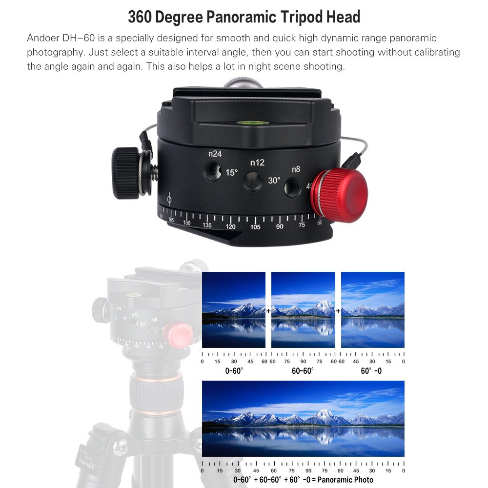 Andoer Dh-60 Rotule panoramique indexation Rotator HDR Tête de trépied CNC en alliage d'aluminium Charge max. 15 kilogram pour Canon Nikon Sony DSLR Camera