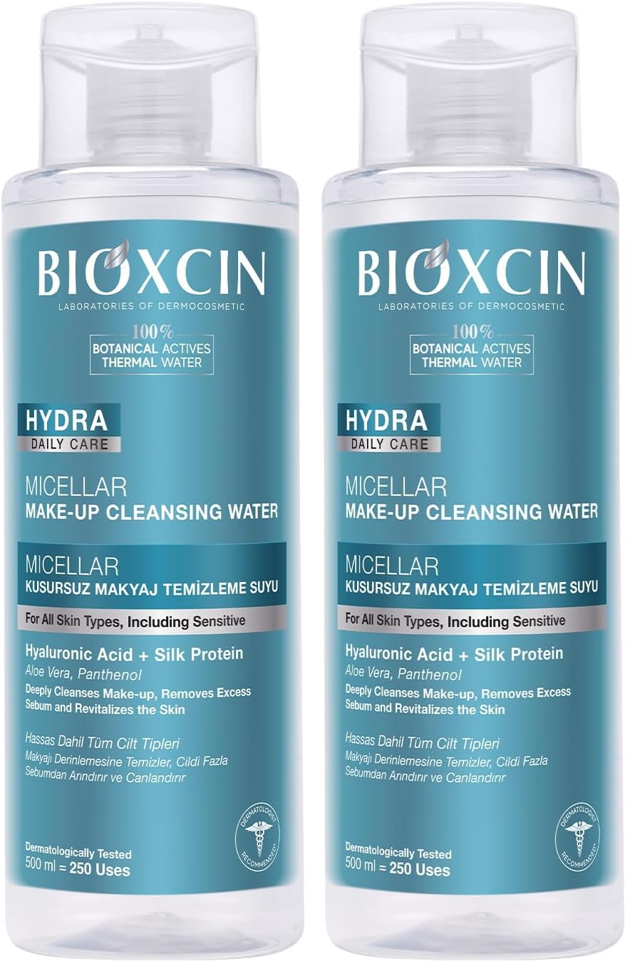 Bioxcin Hydra Micellar Makyaj Temizleme Suyu – Hyalüronik Asitli, İpek Proteinli, Hassas Ciltler İçin, Yağsız ve Durulama Gerektirmez, 500 ml (2 paketi)